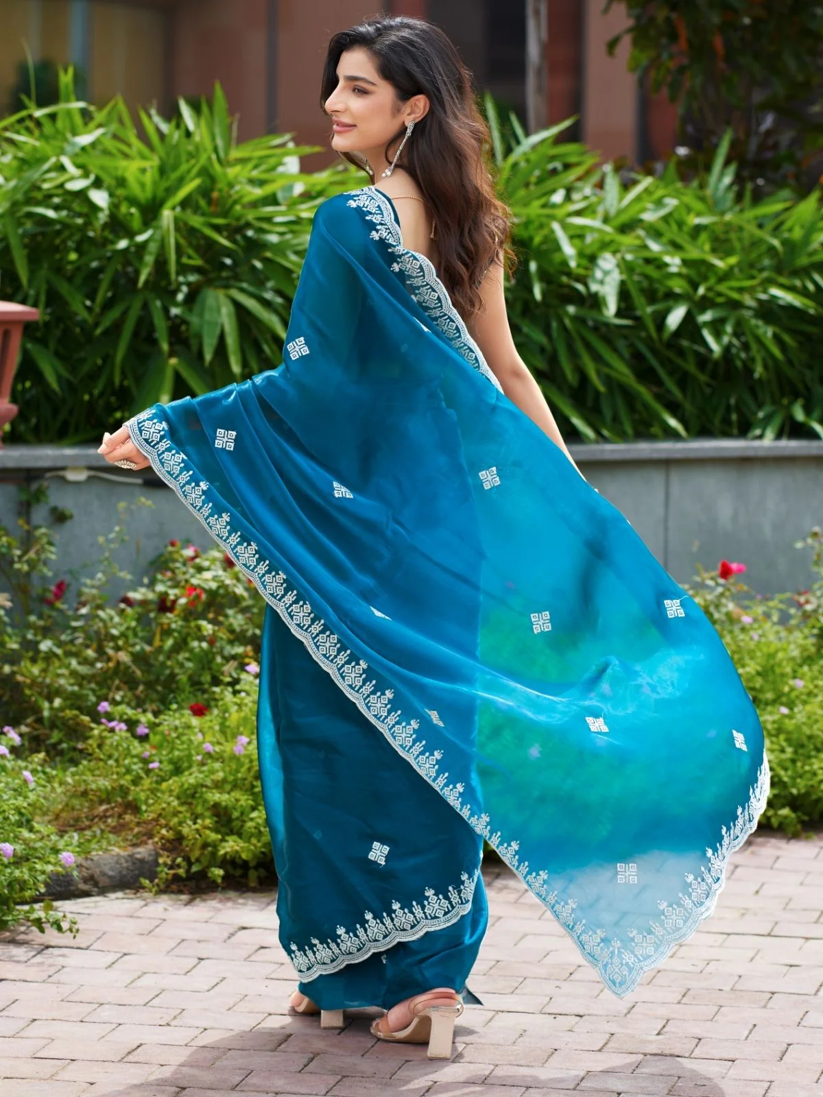 Odette Teal Blue Chiffon Embroidered Saree For Women - Image 5