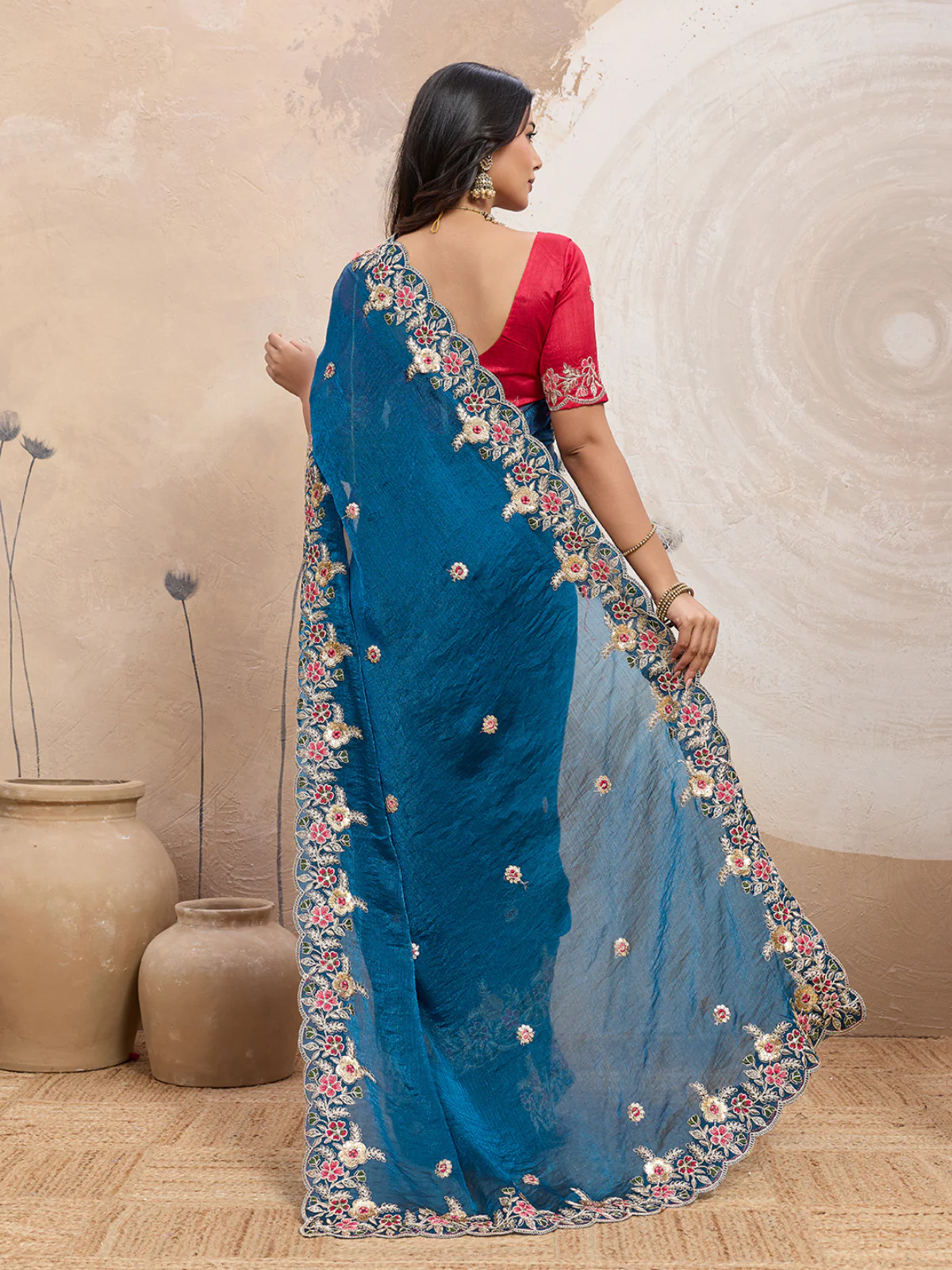 Odette Teal Blue Chiffon Embroidered Saree For Women - Image 3