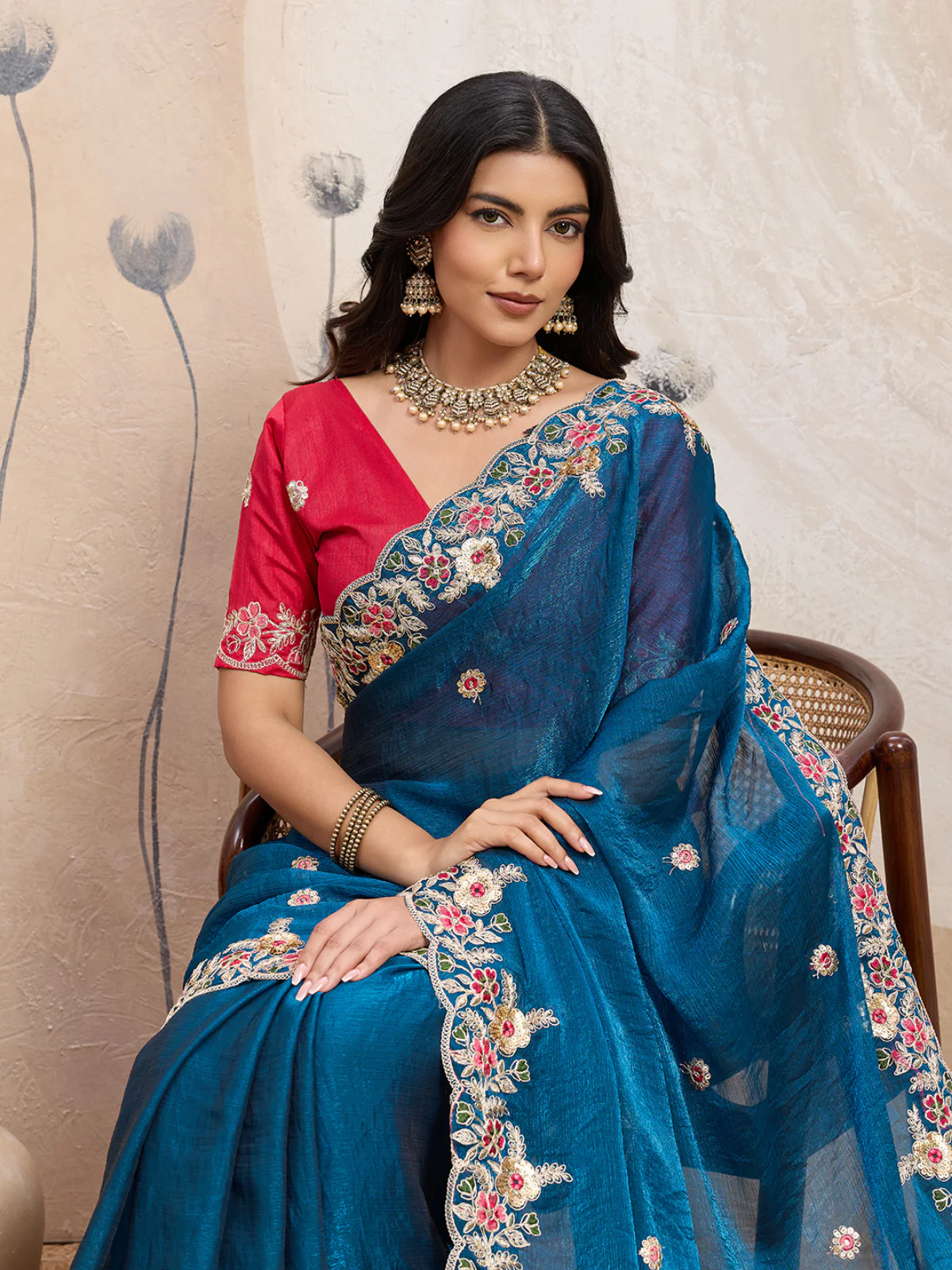 Odette Teal Blue Chiffon Embroidered Saree For Women - Image 4