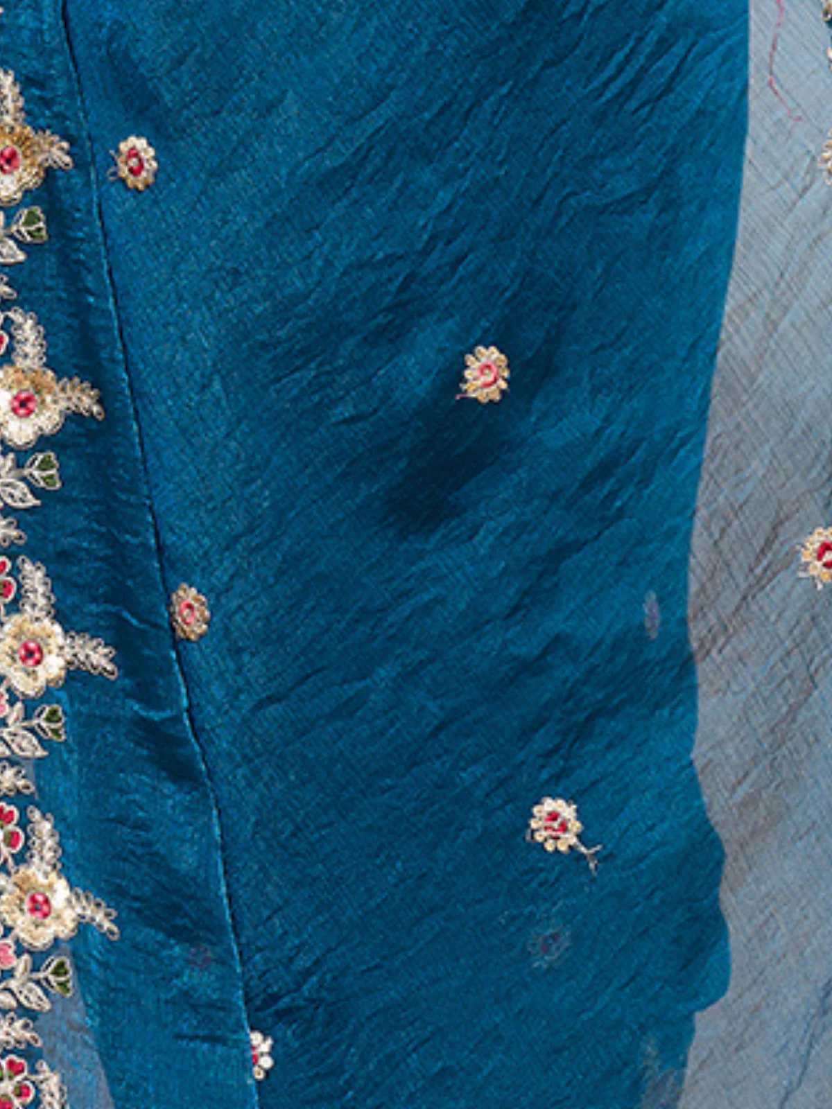 Odette Teal Blue Chiffon Embroidered Saree For Women - Image 5