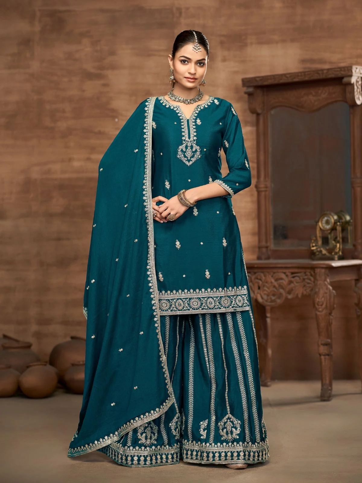 Odette Teal Blue Chinon Embroidered Semi-Stiched Kurta Set For Women - Image 2