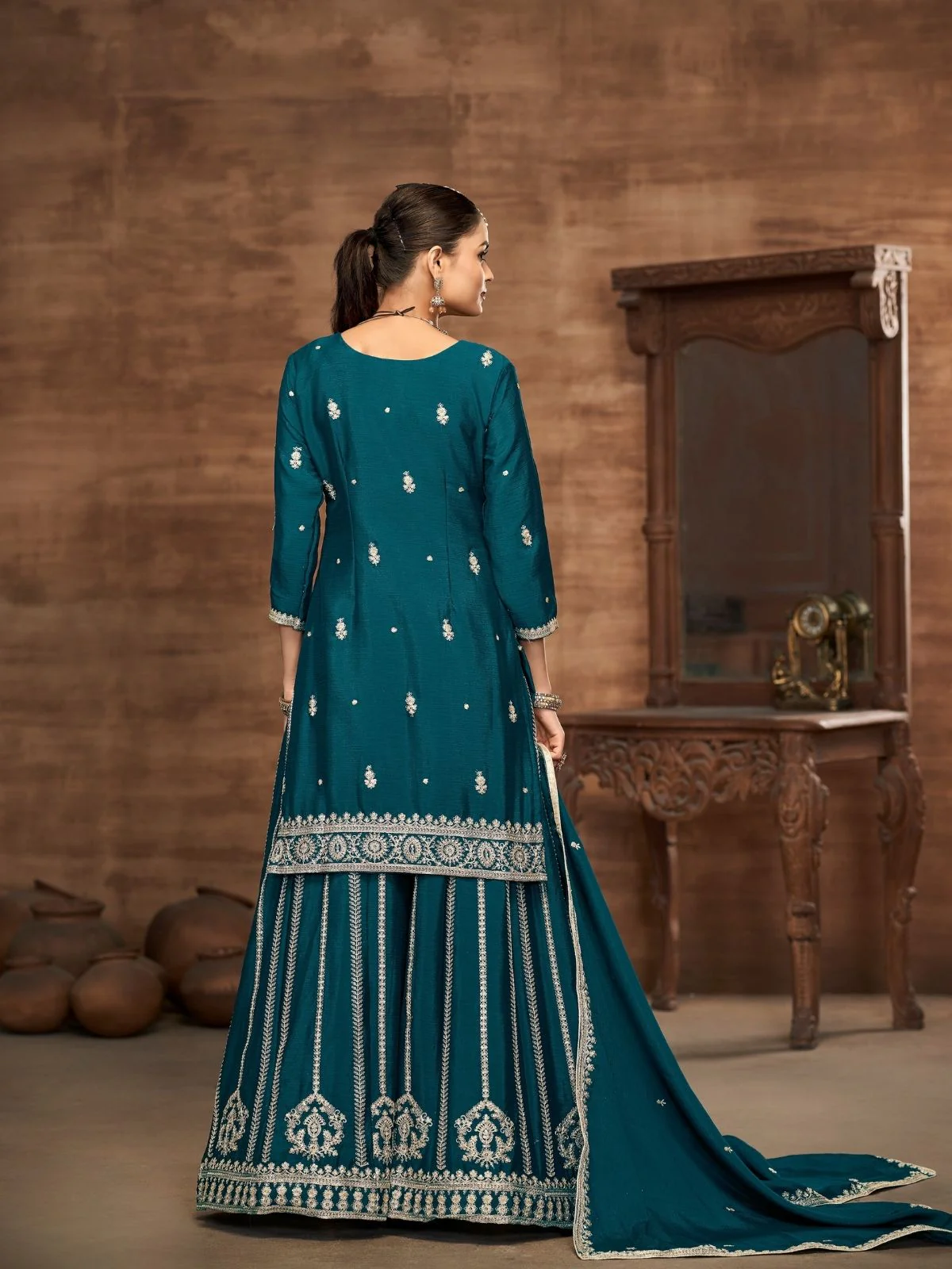 Odette Teal Blue Chinon Embroidered Semi-Stiched Kurta Set For Women - Image 3