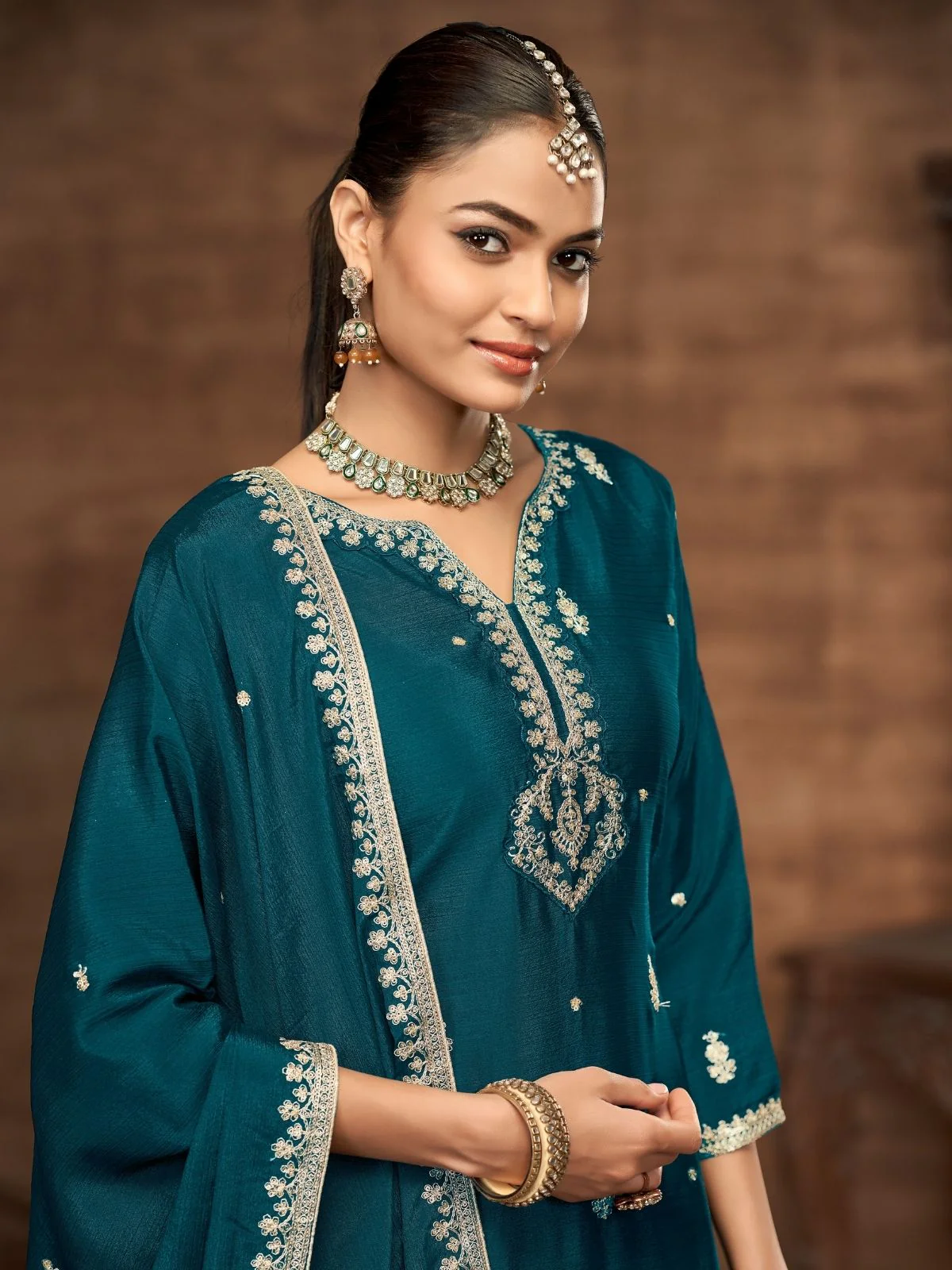 Odette Teal Blue Chinon Embroidered Semi-Stiched Kurta Set For Women - Image 4