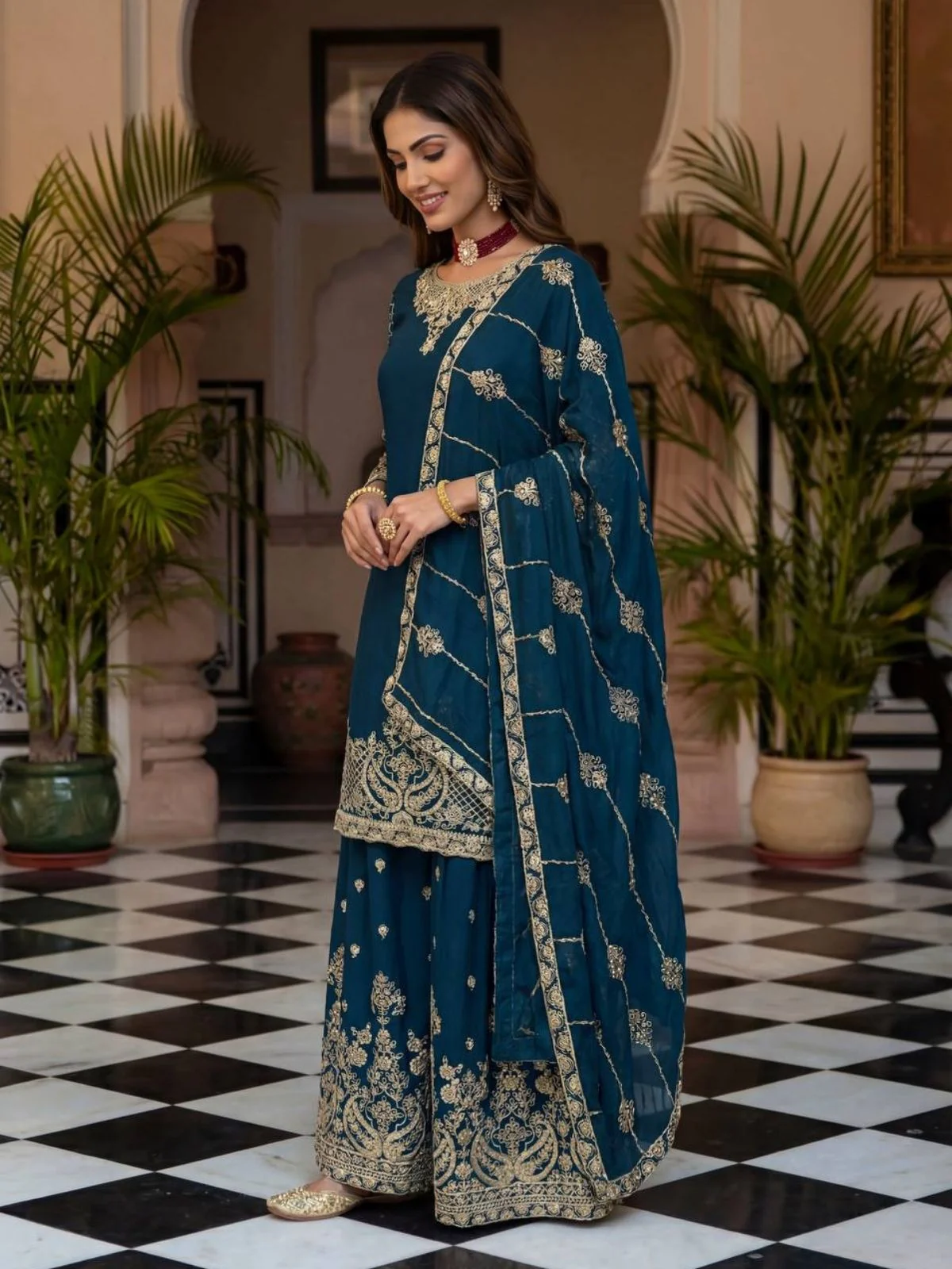 Odette Teal Blue Chinon Solid Stitched Kurta Set For Women - Image 2