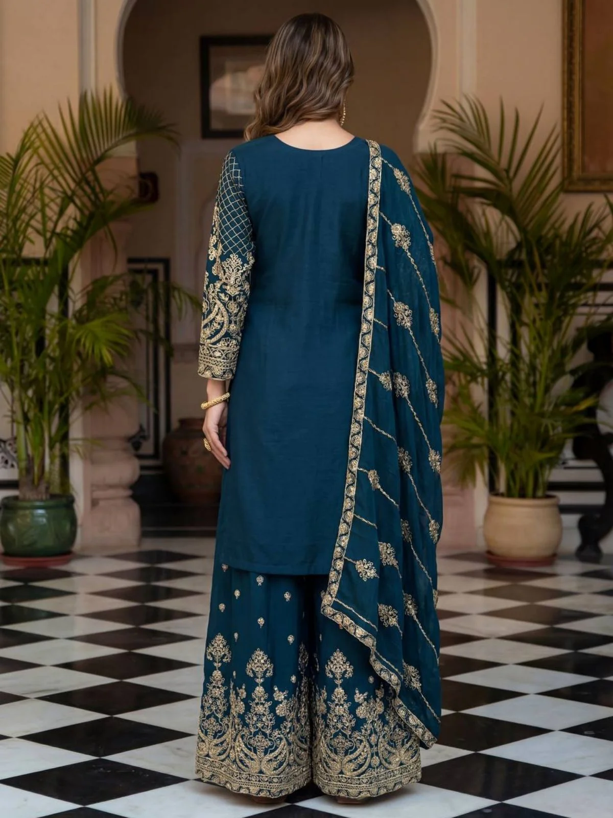 Odette Teal Blue Chinon Solid Stitched Kurta Set For Women - Image 3
