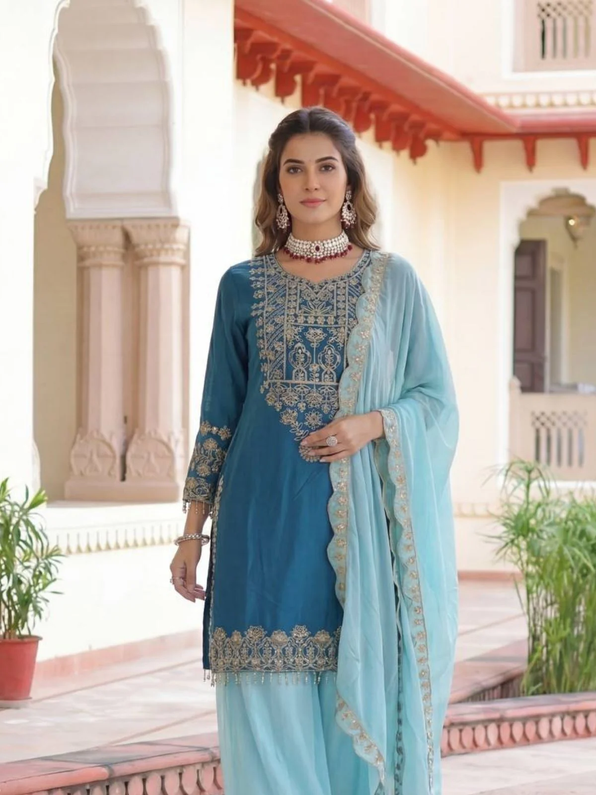 Odette Teal Blue Chinon Solid Stitched Kurta Set For Women - Image 4