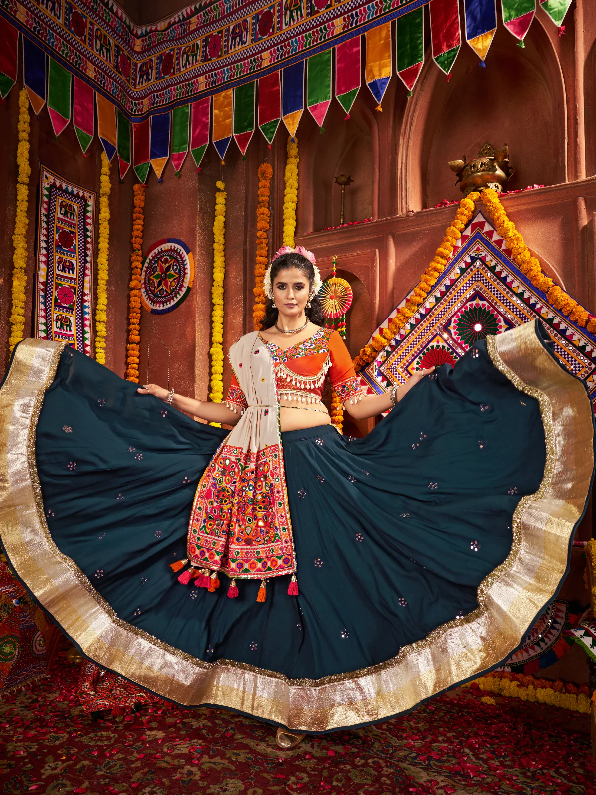 Odette Teal Blue Cotton Blend Embroidered Semi-Stitched lehenga For Women