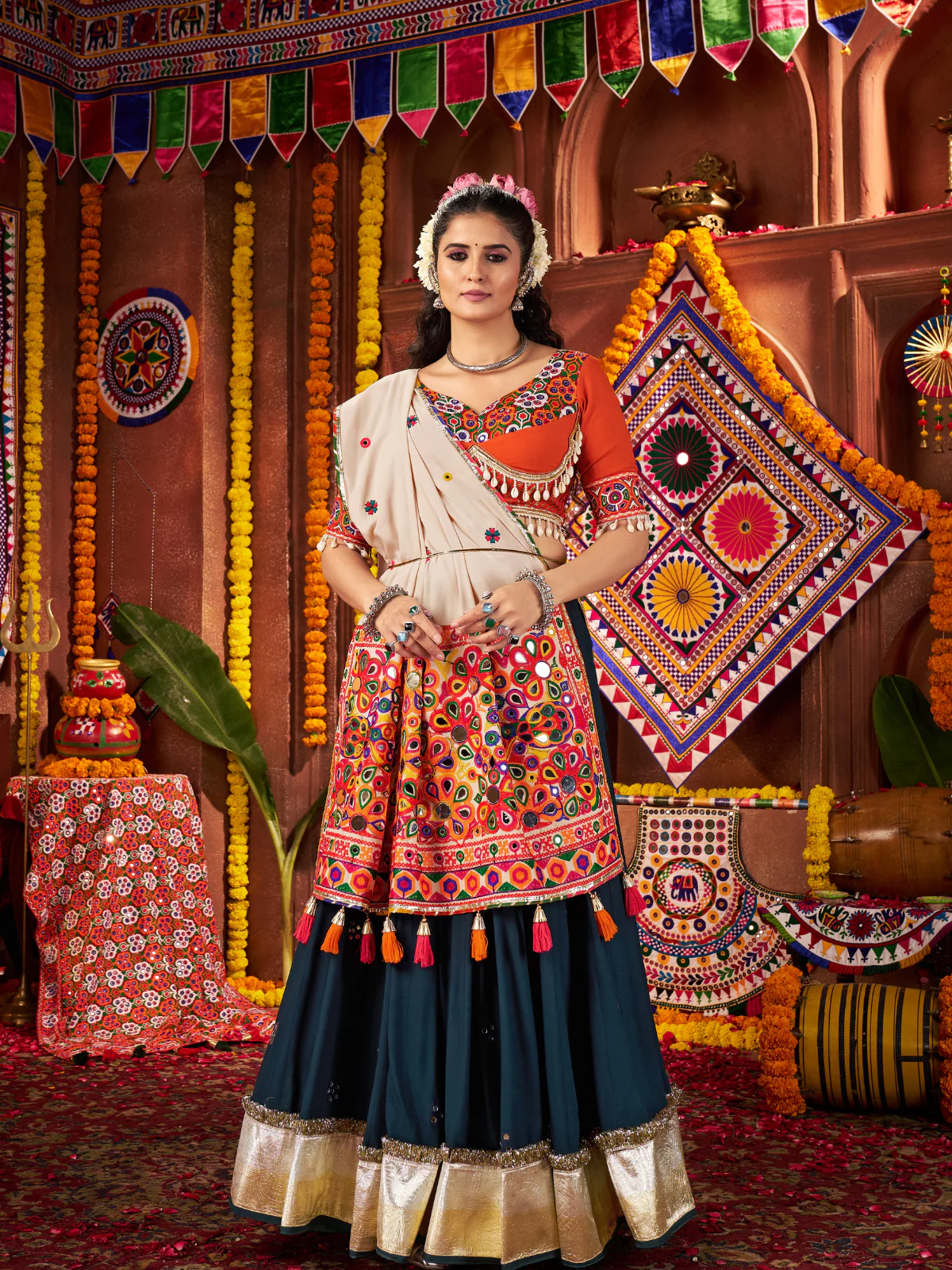 Odette Teal Blue Cotton Blend Embroidered Semi-Stitched lehenga For Women - Image 2