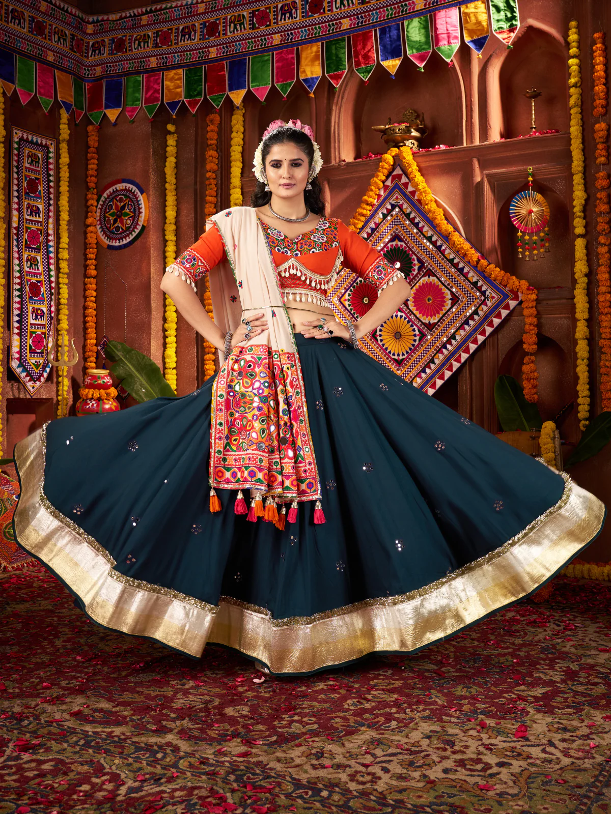 Odette Teal Blue Cotton Blend Embroidered Semi-Stitched lehenga For Women - Image 3