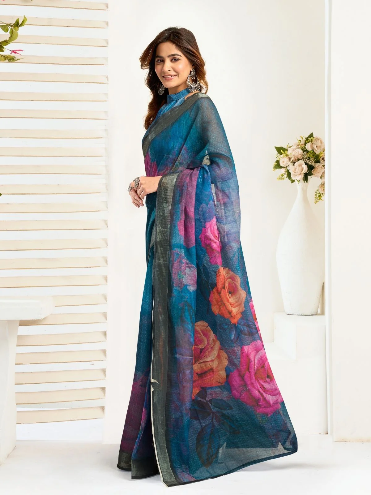 Odette Teal Blue Cotton Linen Zari Work Saree For Women - Image 2