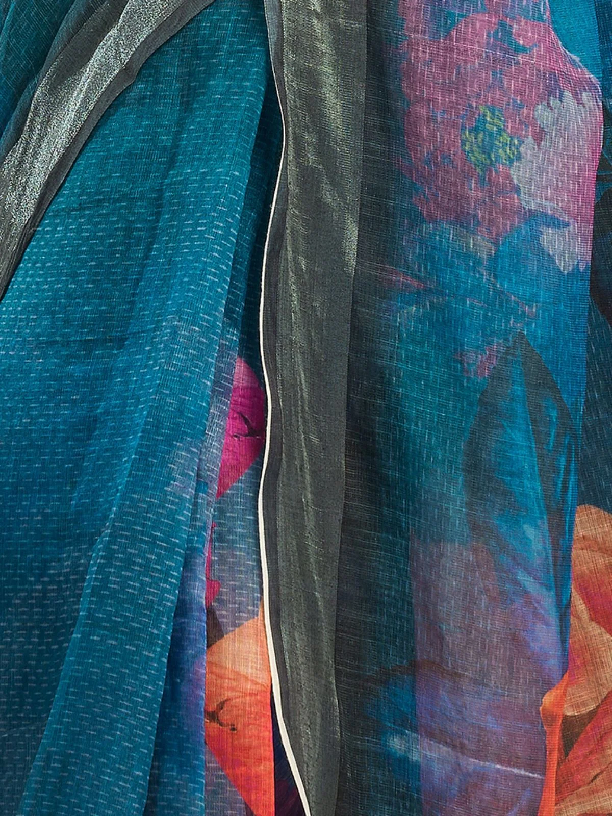 Odette Teal Blue Cotton Linen Zari Work Saree For Women - Image 6
