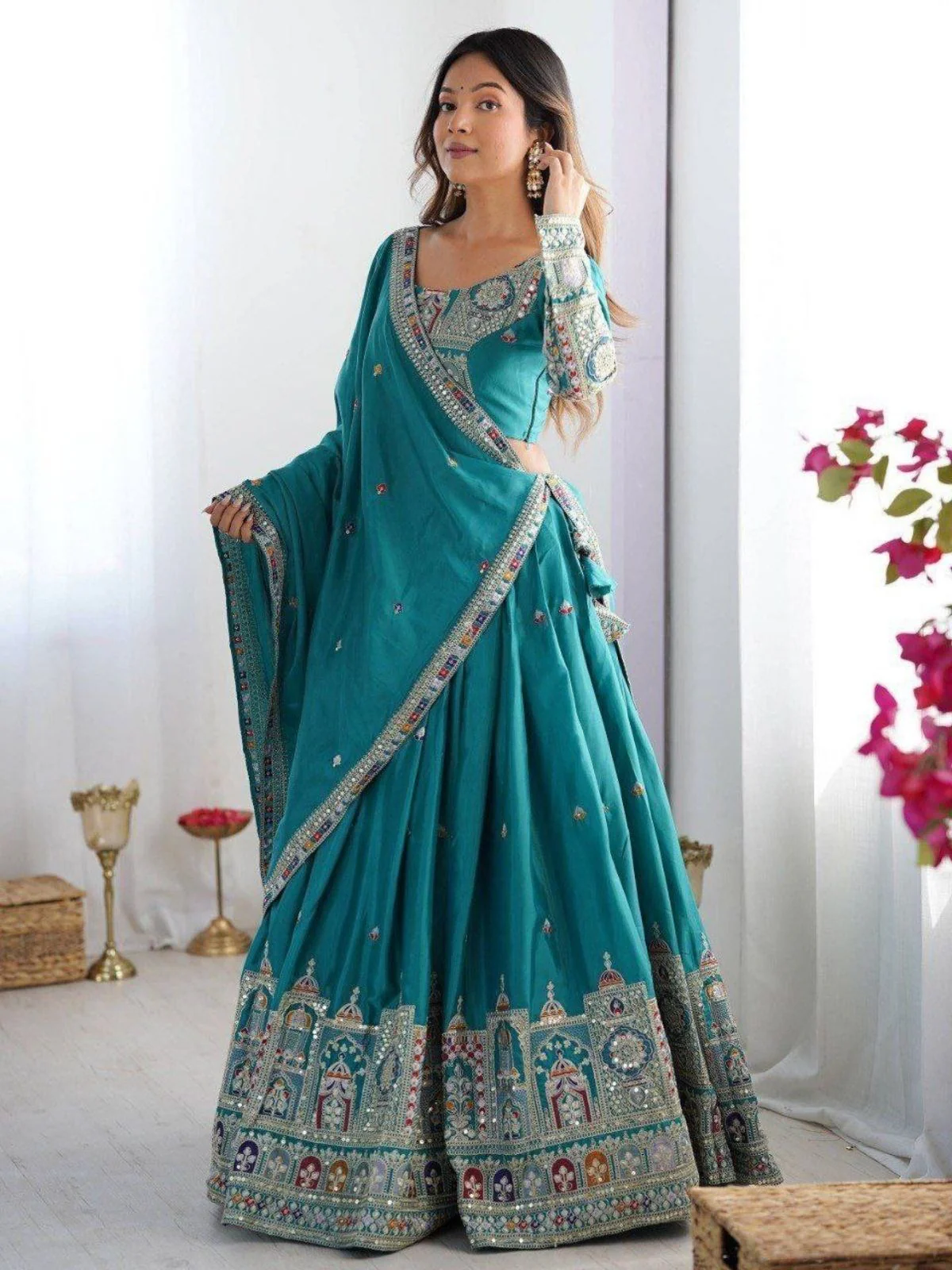 Odette Teal Blue Crepe Embellished Semi Stitched Lehenga For Women - Image 2