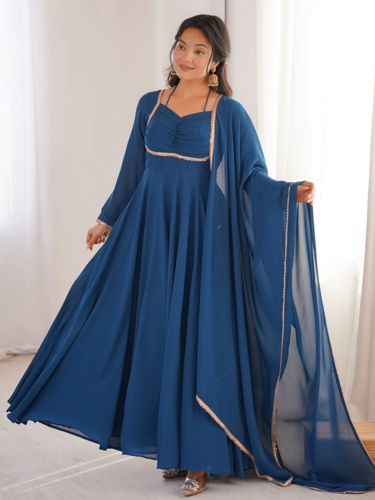 Odette Teal Blue Georgette Embellished Kurta Set For Women