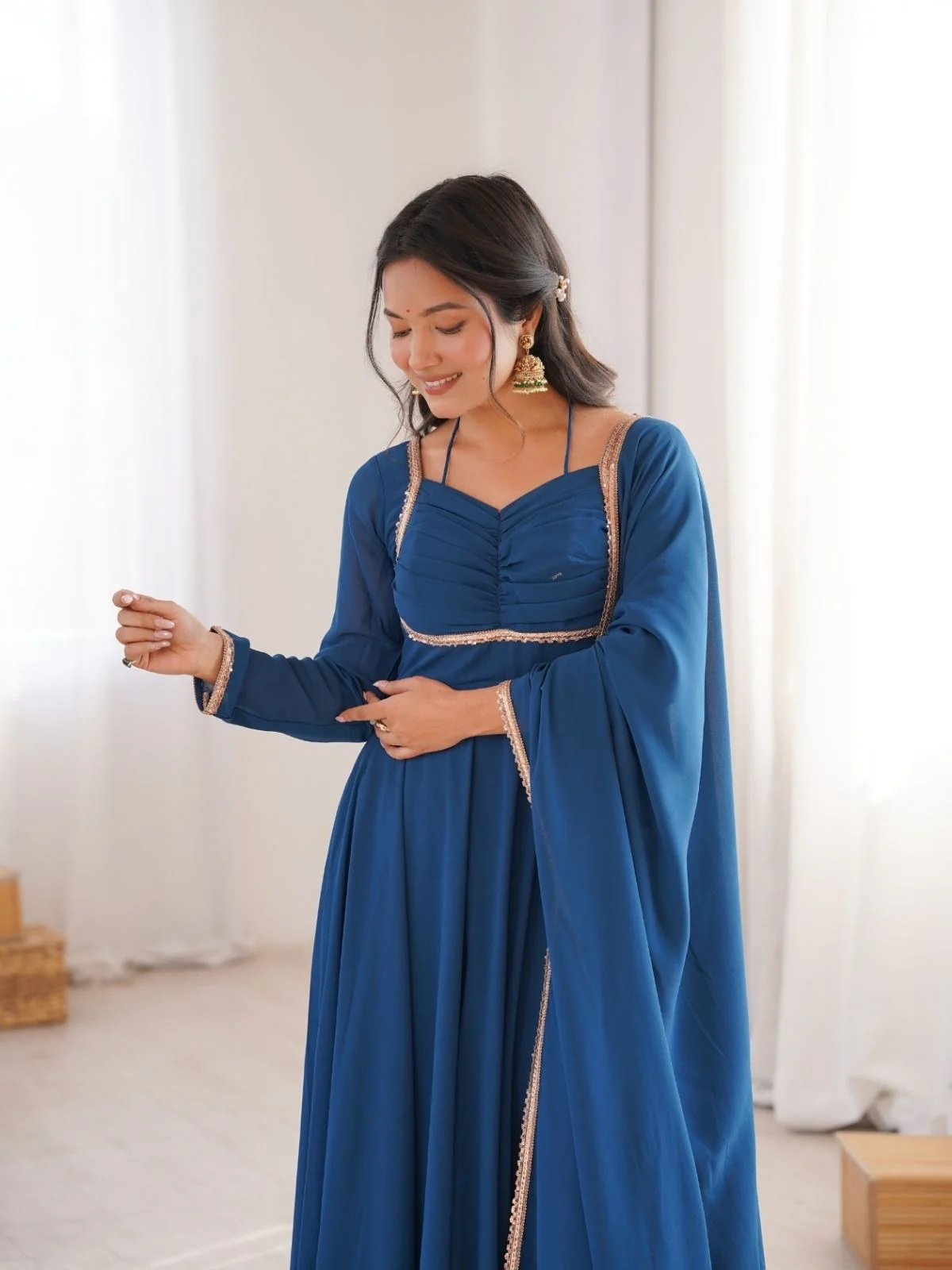 Odette Teal Blue Georgette Embellished Kurta Set For Women - Image 4