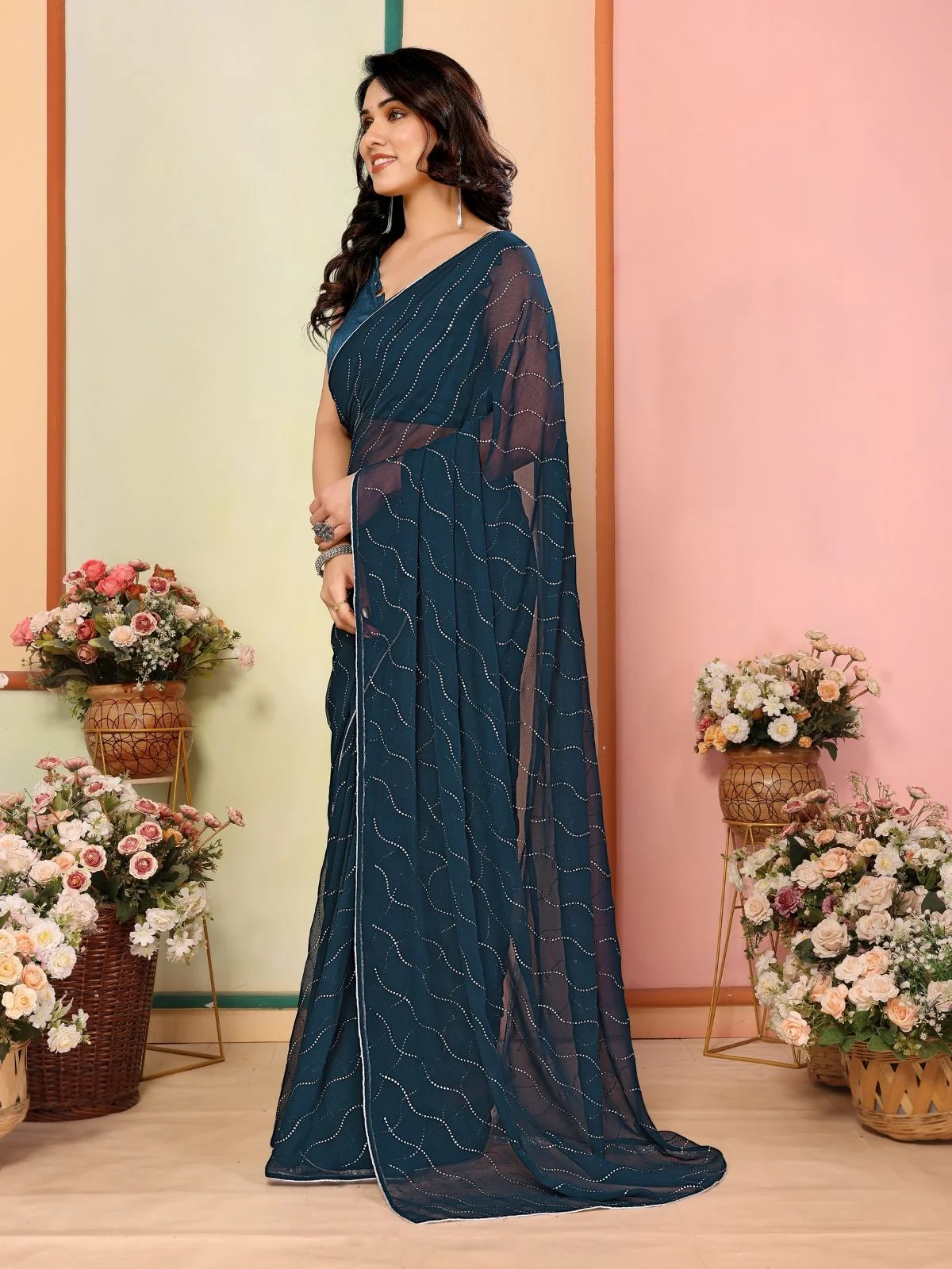 Odette Teal Blue Georgette Embellished Saree For Women - Image 2