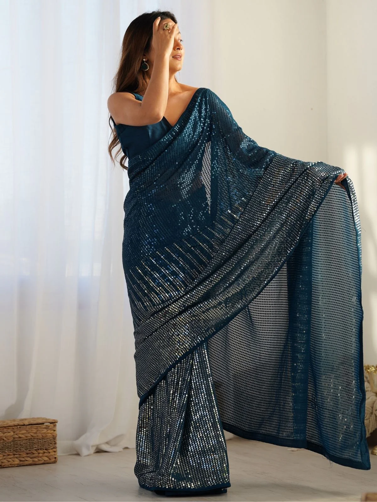 Odette Teal Blue Georgette Embellished Saree With Unstitched Blouse For Women - Image 2