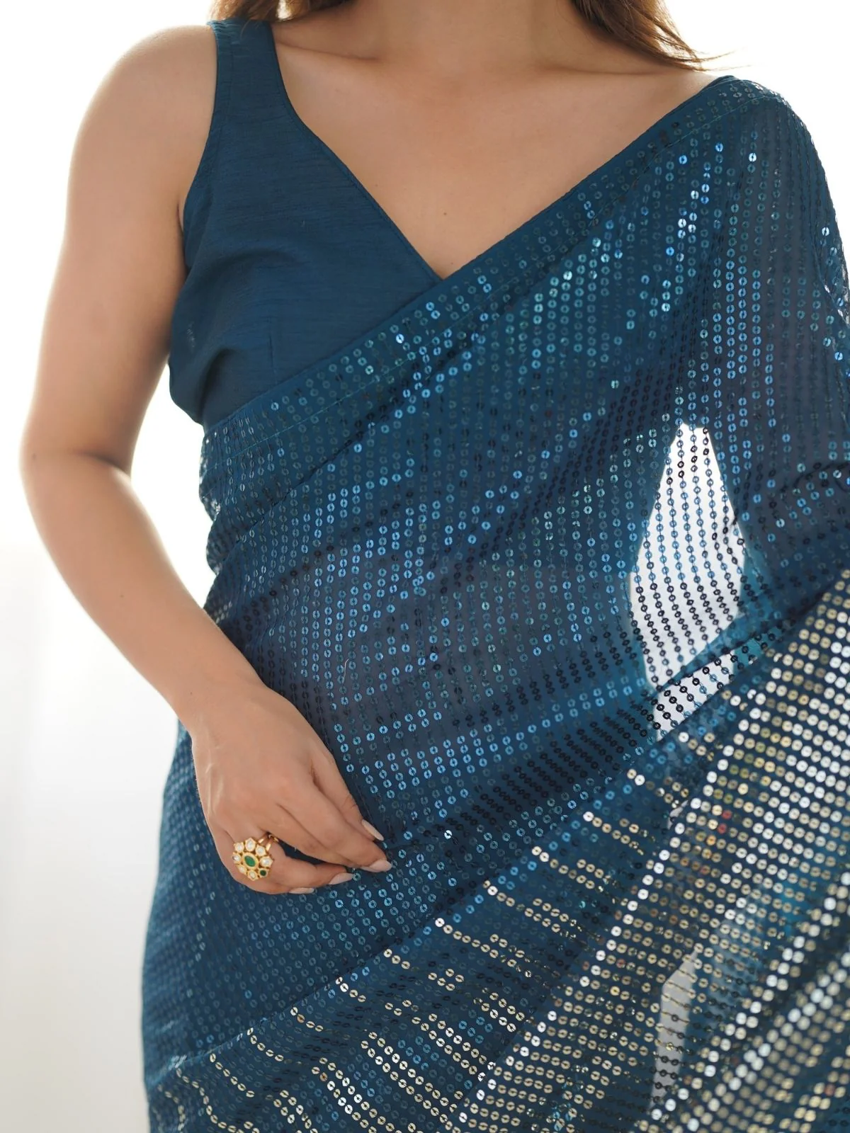 Odette Teal Blue Georgette Embellished Saree With Unstitched Blouse For Women - Image 6