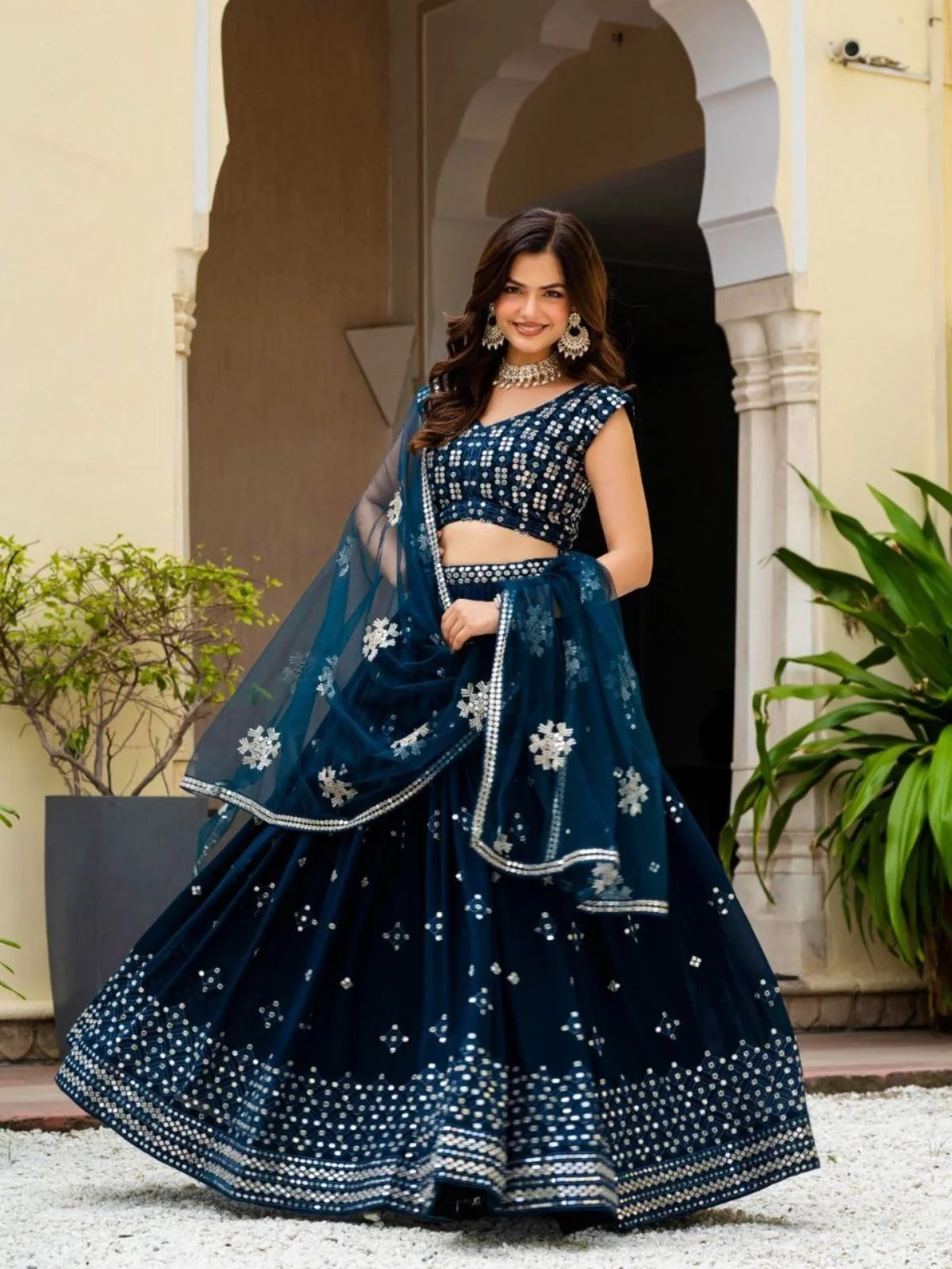 Odette Teal Blue Georgette Embellished Semi Stitched Lehenga For Women - Image 2
