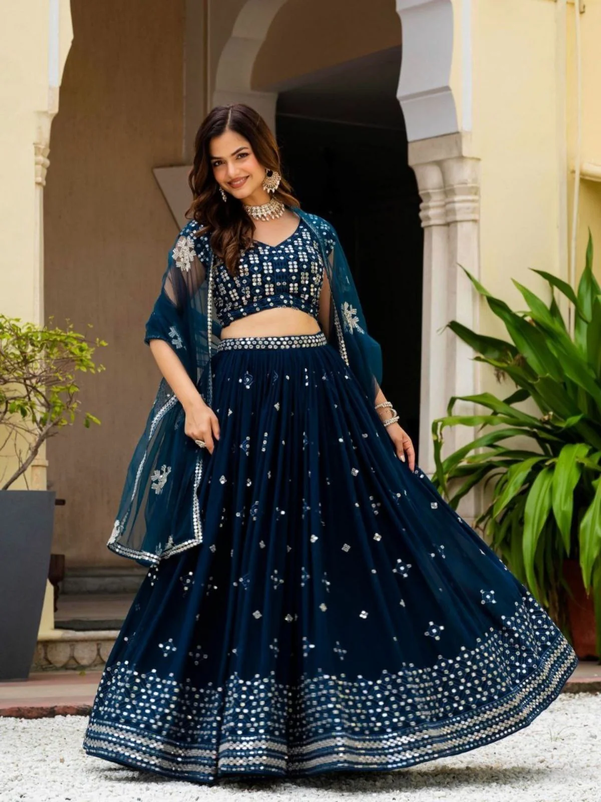 Odette Teal Blue Georgette Embellished Semi Stitched Lehenga For Women - Image 3