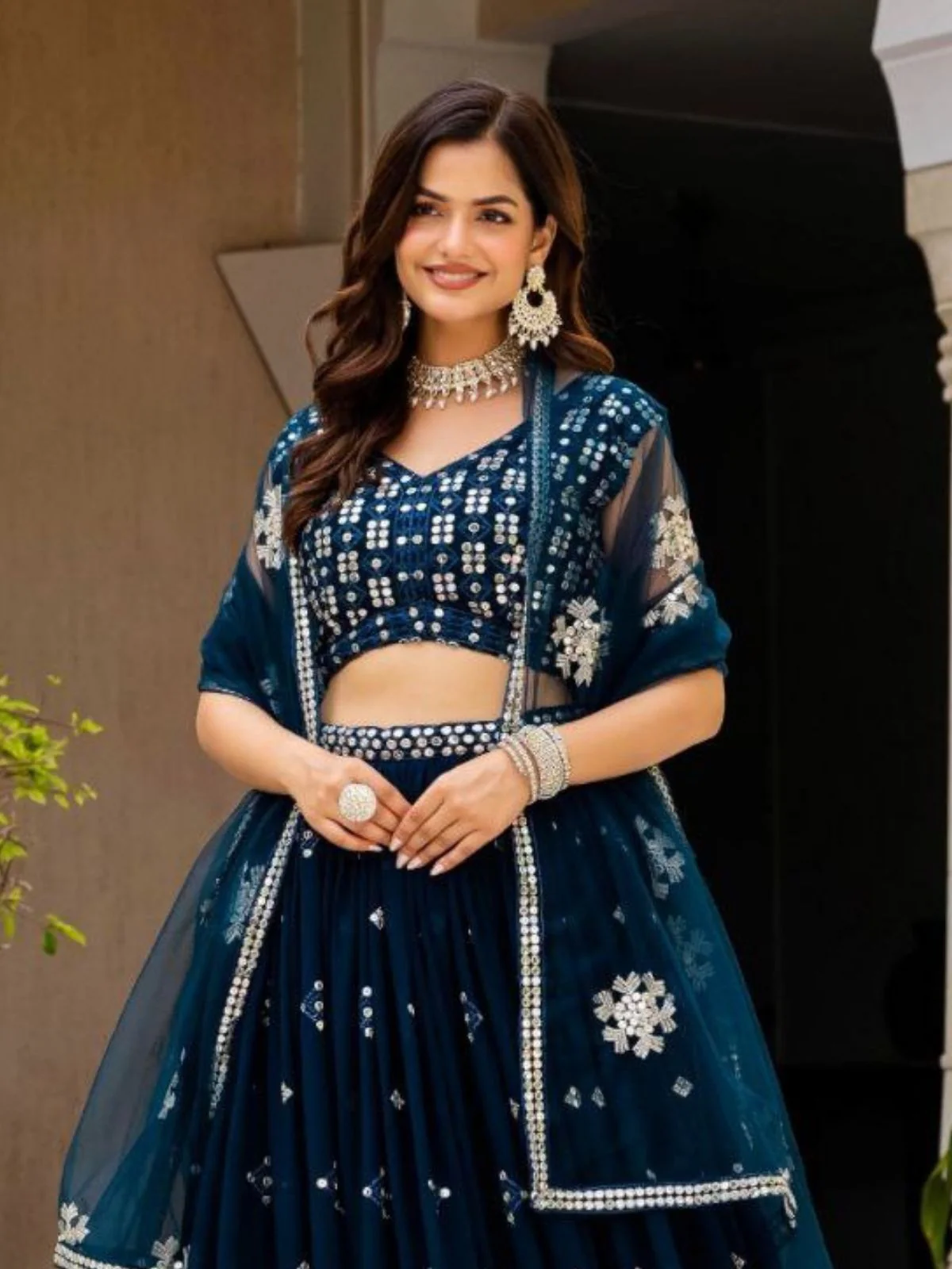 Odette Teal Blue Georgette Embellished Semi Stitched Lehenga For Women - Image 4