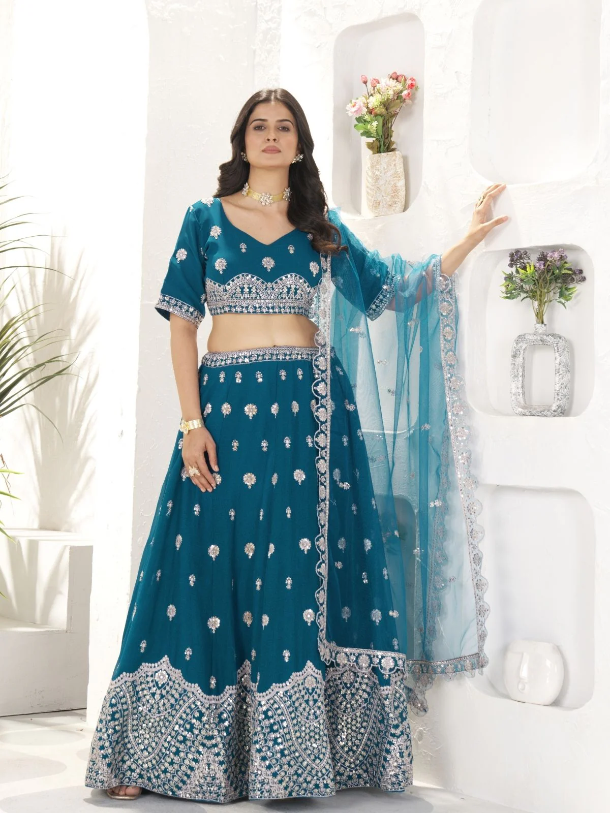 Odette Teal Blue Georgette Embellished Semi Stitched Lehenga For Women - Image 2