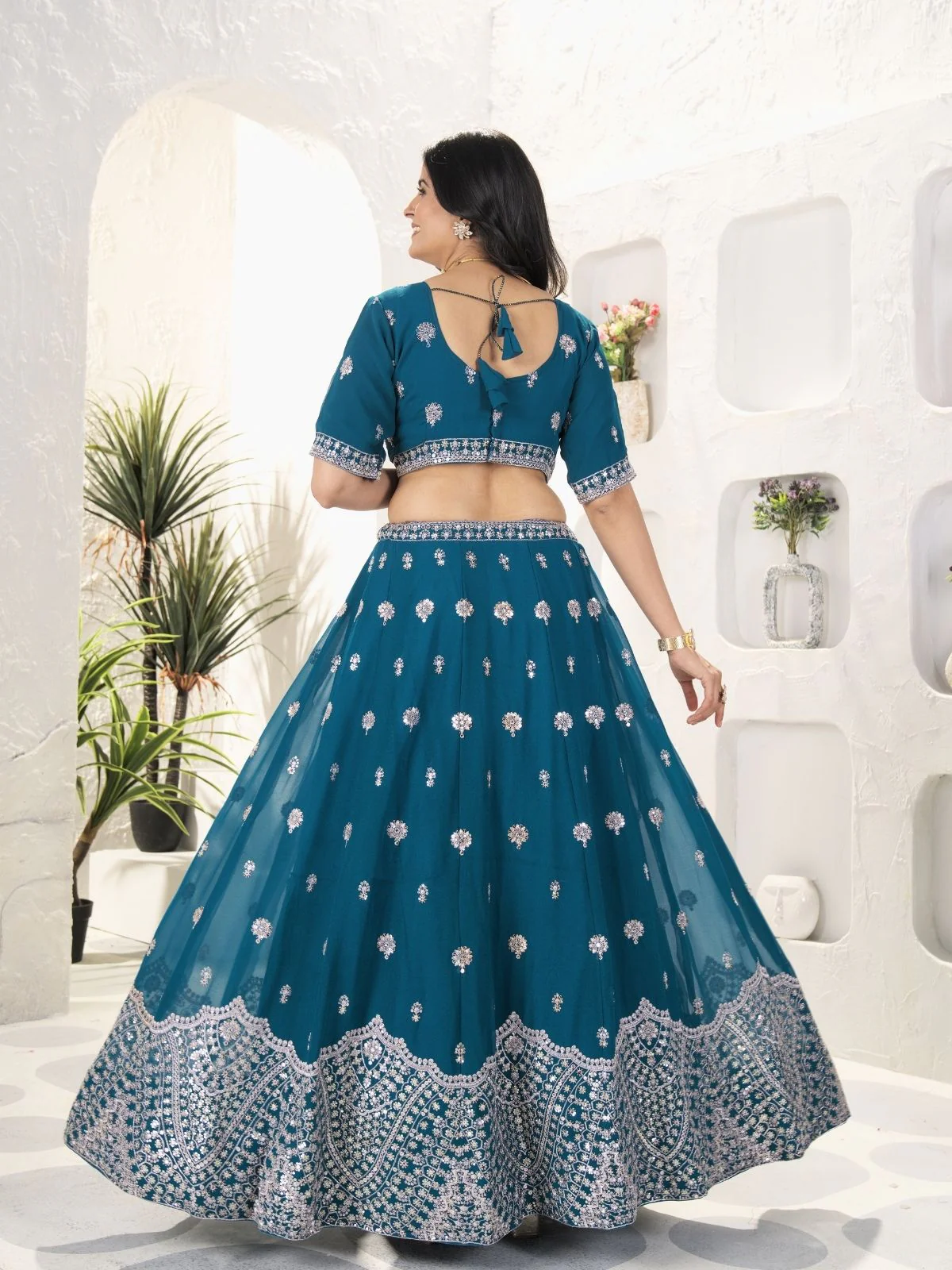 Odette Teal Blue Georgette Embellished Semi Stitched Lehenga For Women - Image 3