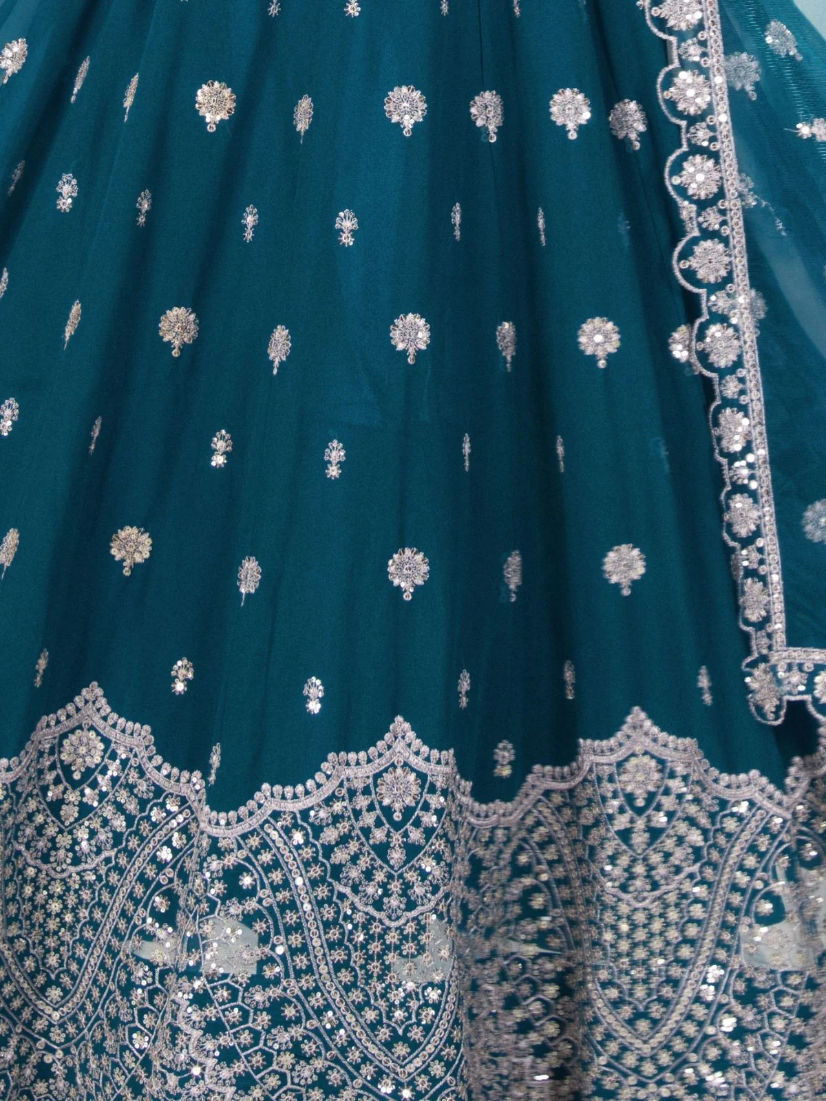 Odette Teal Blue Georgette Embellished Semi Stitched Lehenga For Women - Image 5