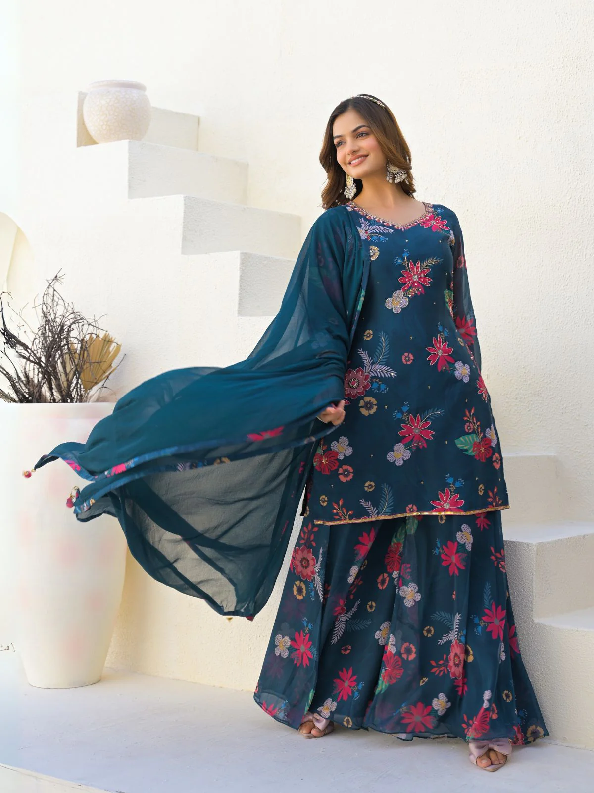 Odette Teal Blue Georgette Embellished Stiched Kurta Set For Women - Image 2