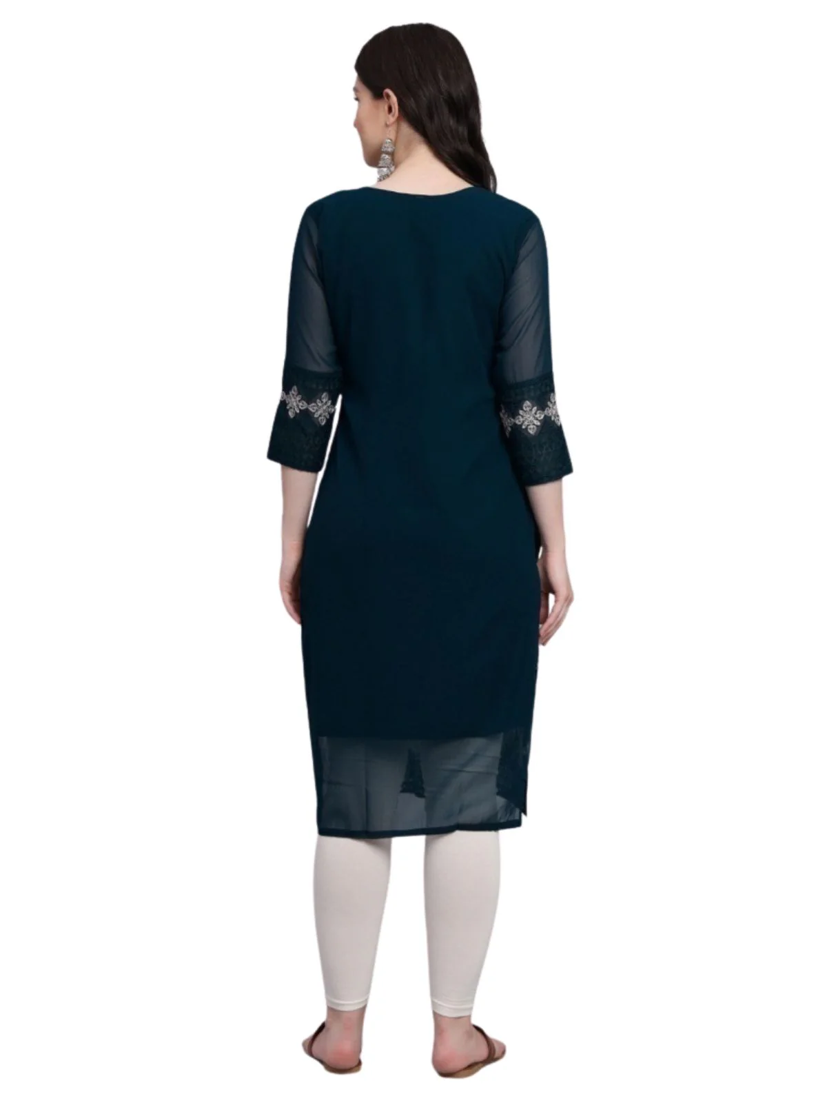 Odette Teal Blue Georgette Embroidered Kurti For Women - Image 3