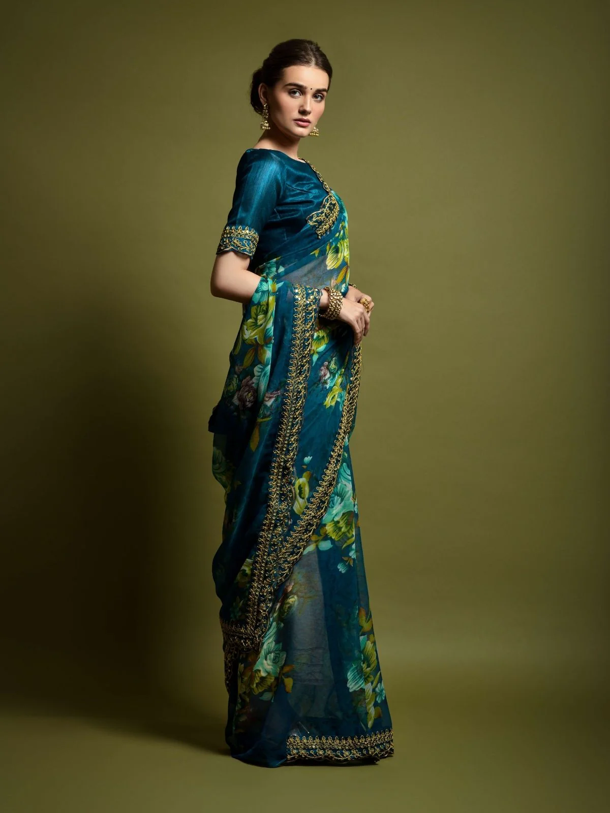 Odette Teal Blue Georgette Embroidered Printed Saree For Women - Image 2