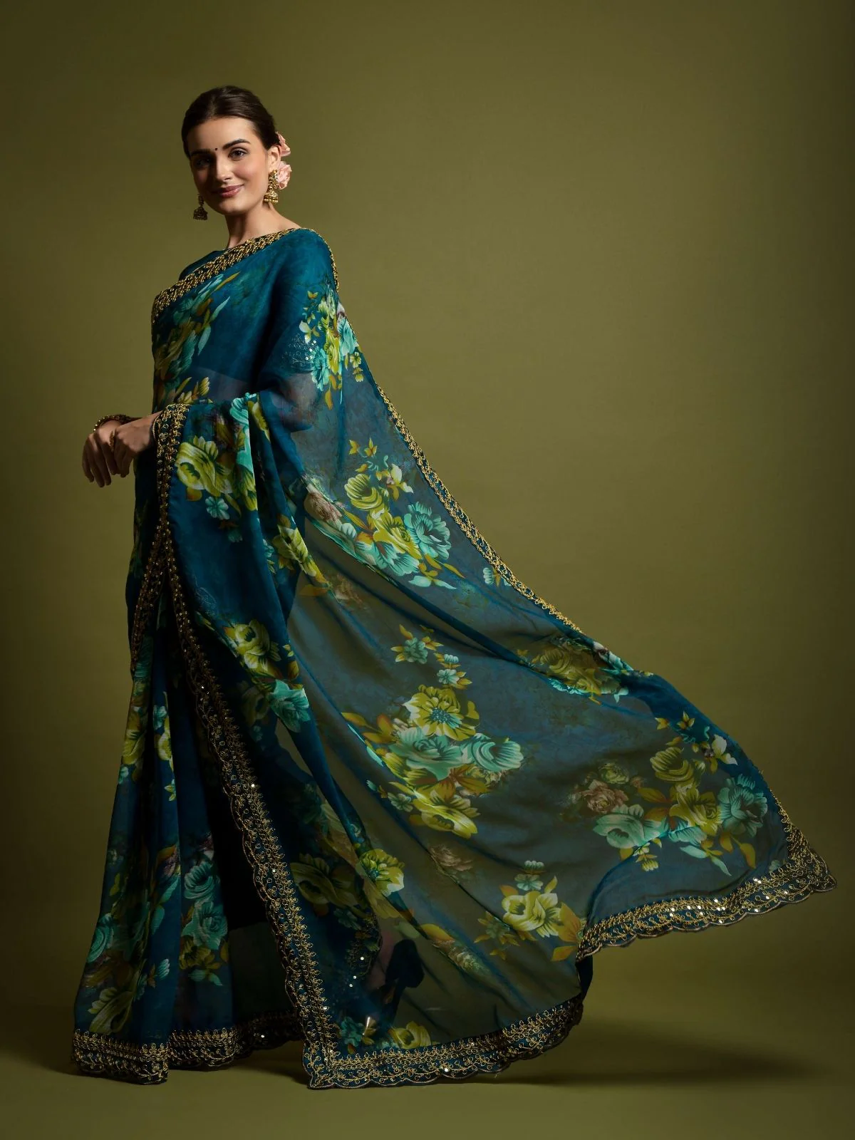 Odette Teal Blue Georgette Embroidered Printed Saree For Women - Image 3