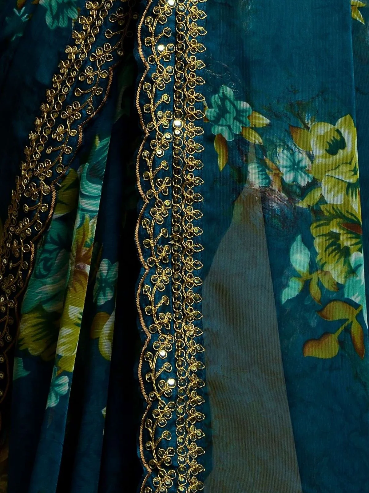 Odette Teal Blue Georgette Embroidered Printed Saree For Women - Image 4