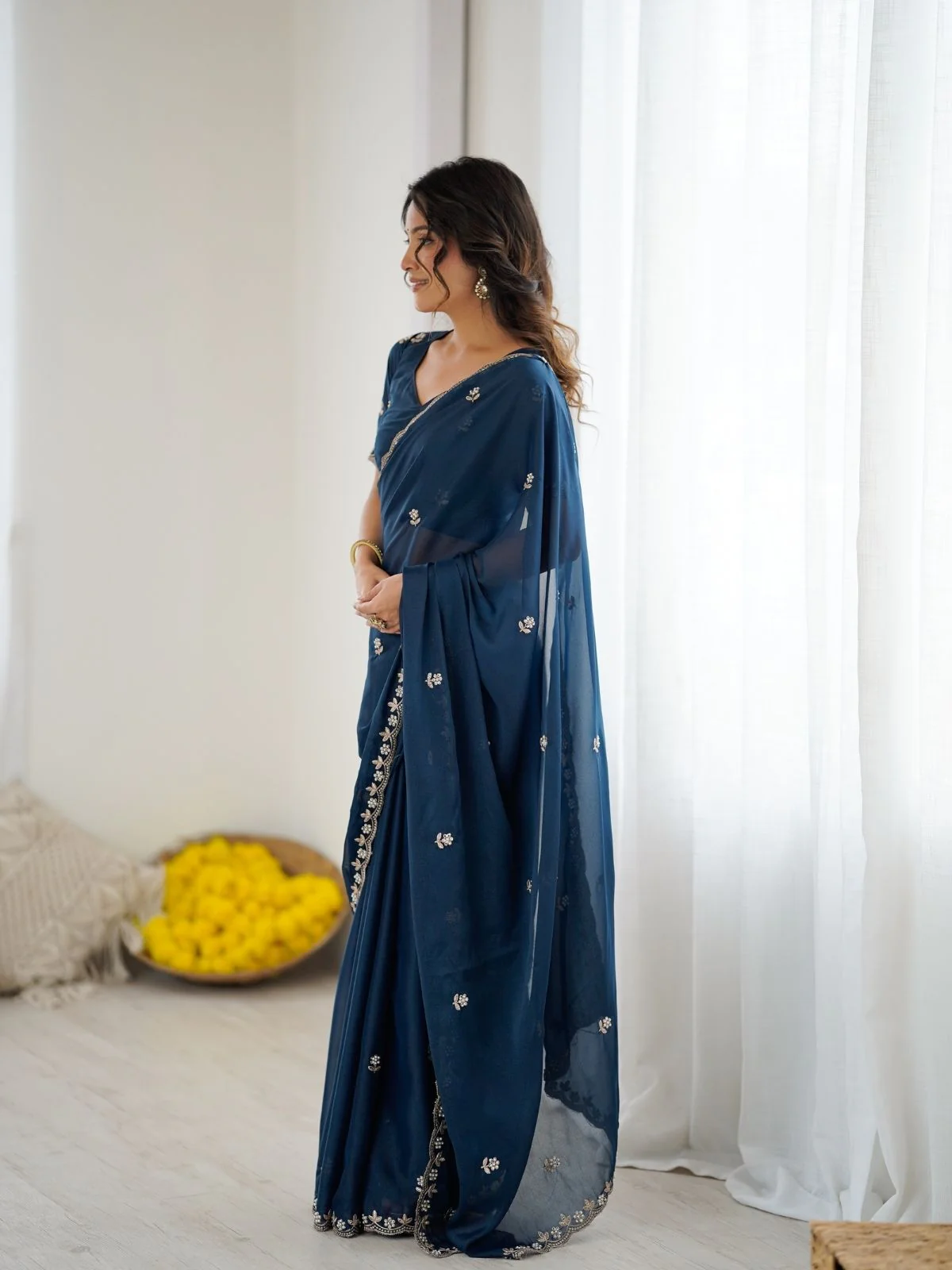 Odette Teal Blue Georgette Embroidered Saree For Women - Image 2