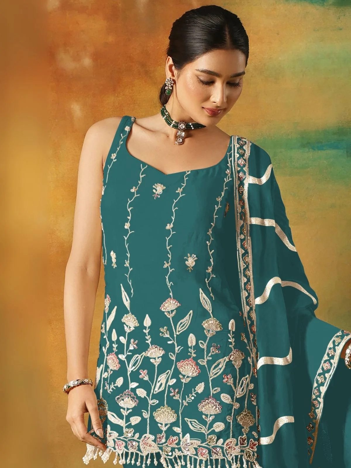 Odette Teal Blue Georgette Embroidered Semi-Sitched Kurta Set For Women - Image 2