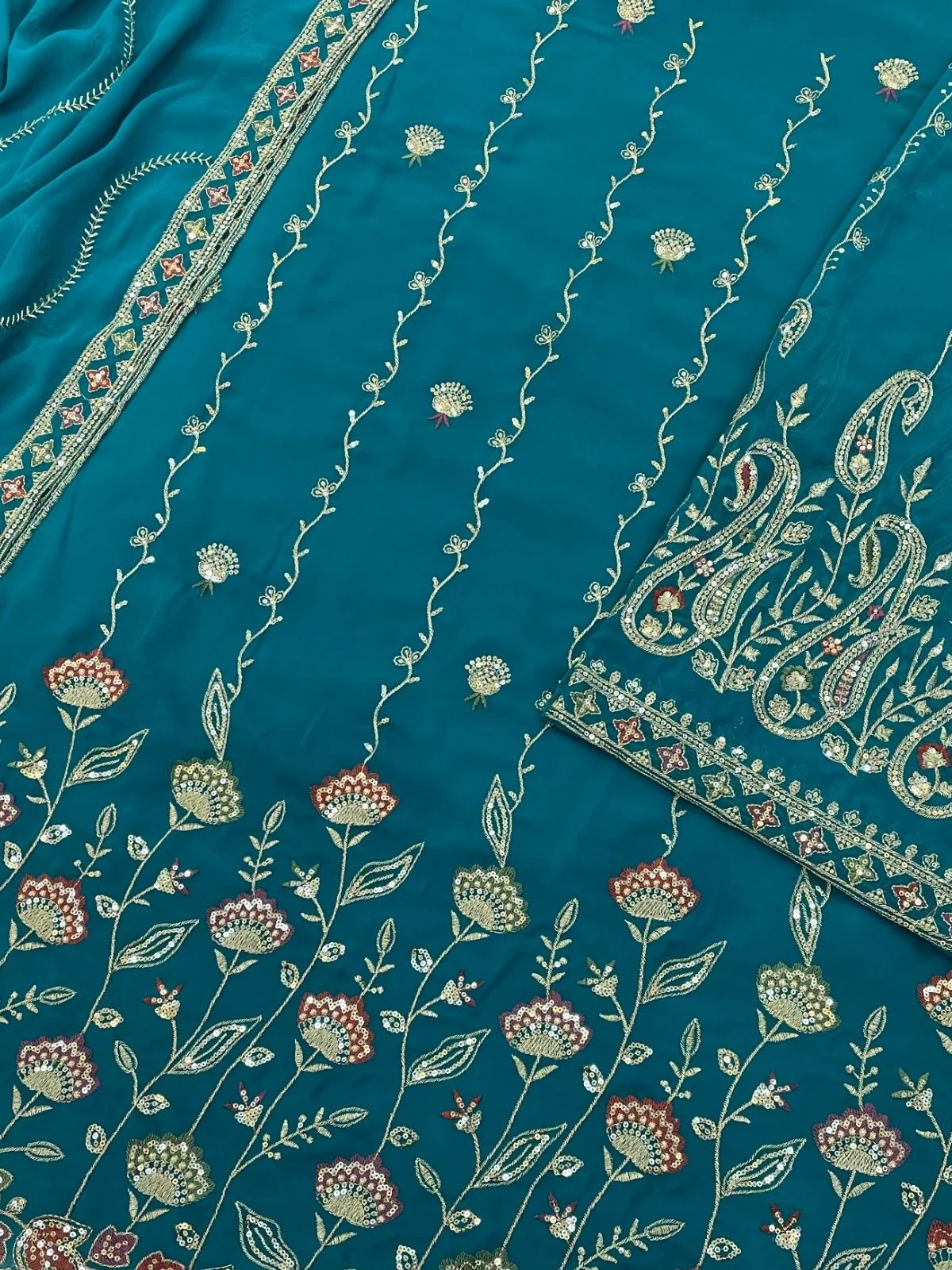Odette Teal Blue Georgette Embroidered Semi-Sitched Kurta Set For Women - Image 3