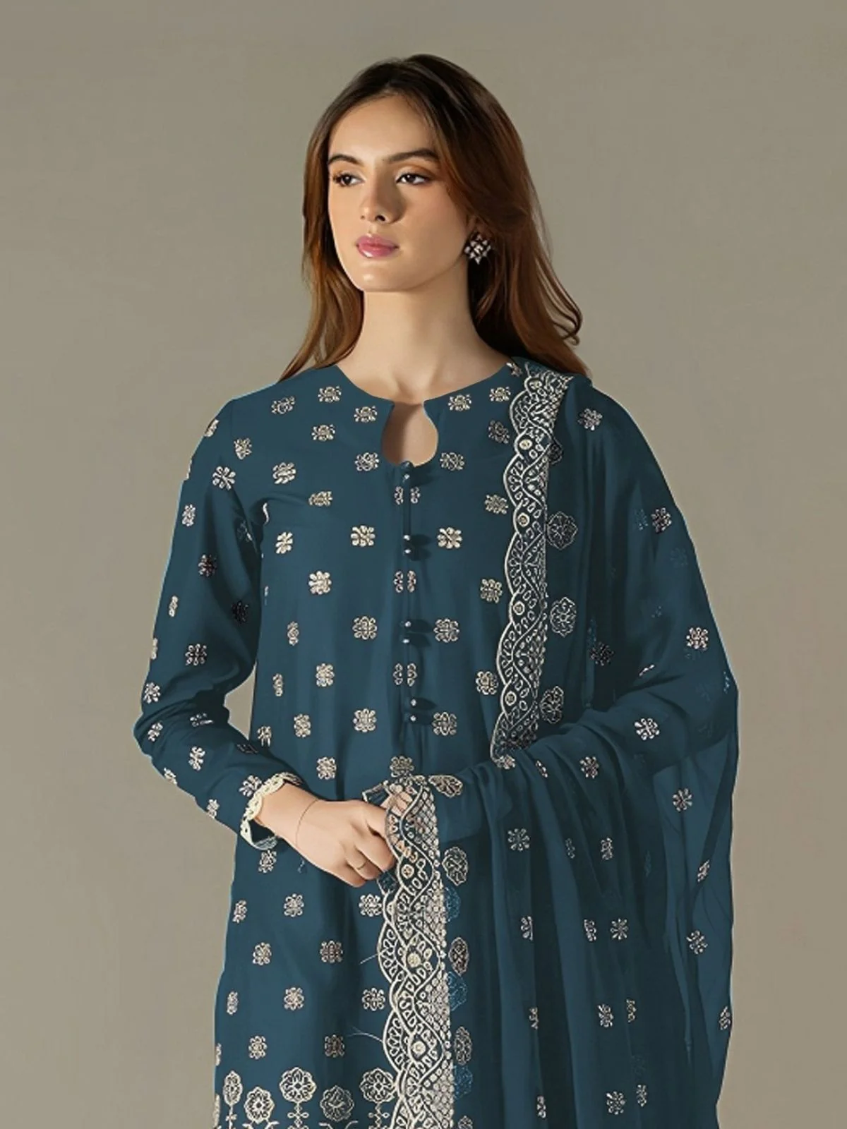 Odette Teal Blue Georgette Embroidered Semi Stitched Kurta Set For Women - Image 2