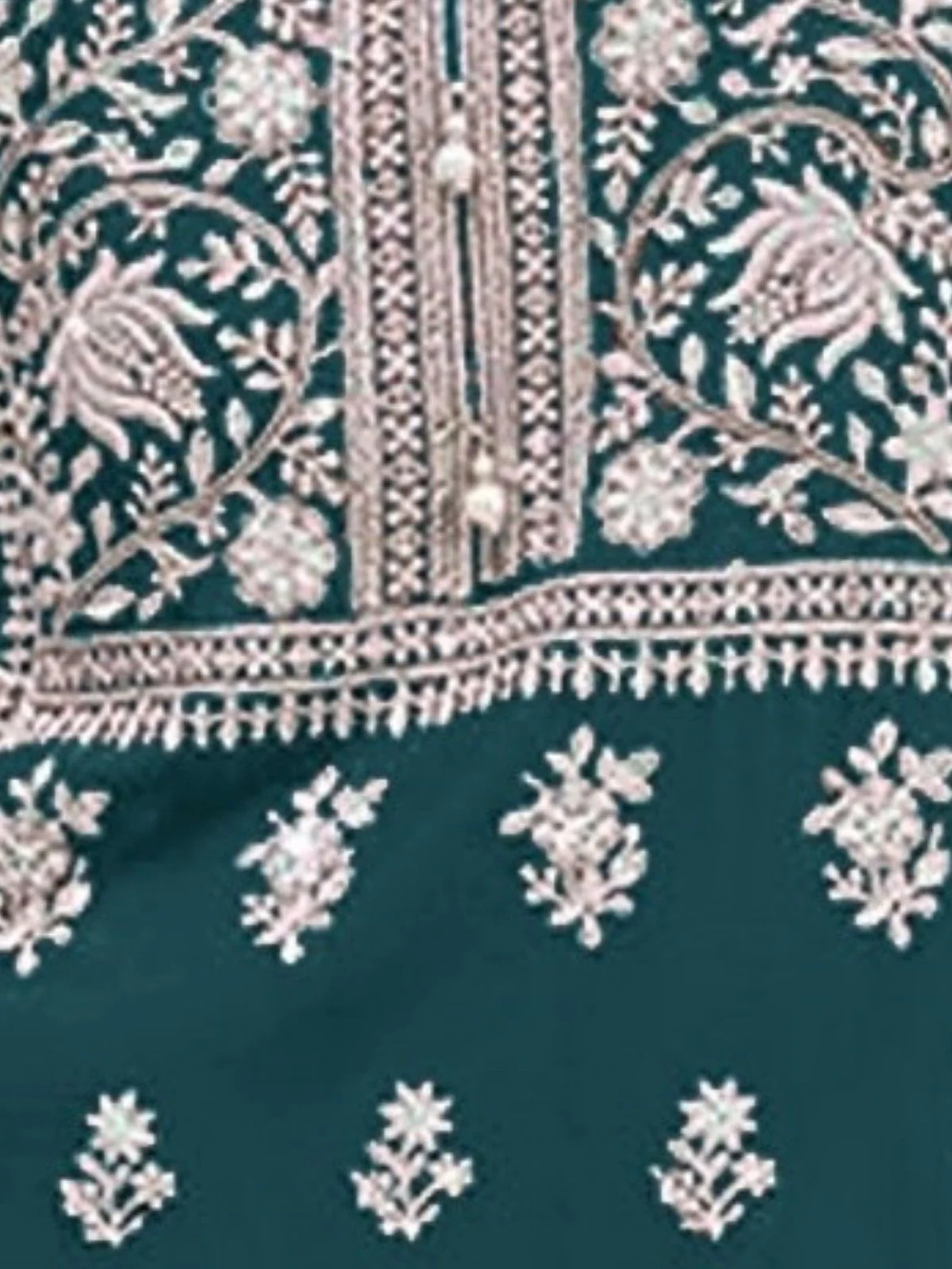 Odette Teal Blue Georgette Embroidered Semi Stitched Kurta Set For Women - Image 3