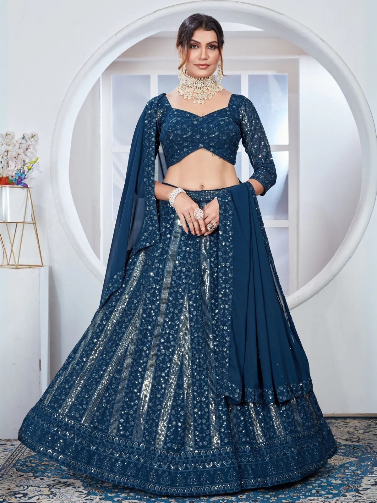 Odette Teal Blue Georgette Embroidered Semi-Stitched Lehenga For Women