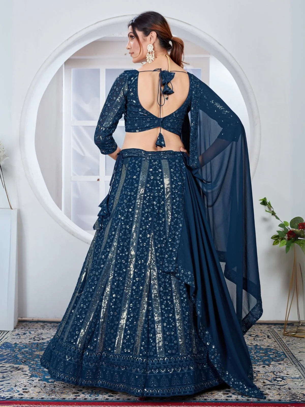Odette Teal Blue Georgette Embroidered Semi-Stitched Lehenga For Women - Image 2