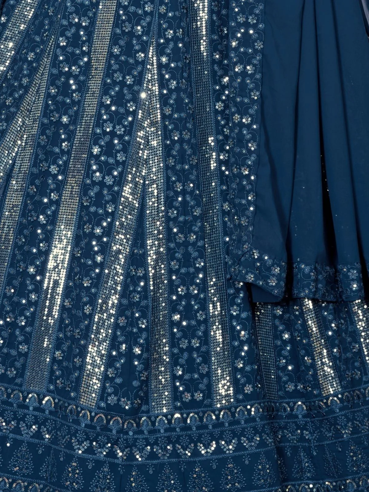 Odette Teal Blue Georgette Embroidered Semi-Stitched Lehenga For Women - Image 5