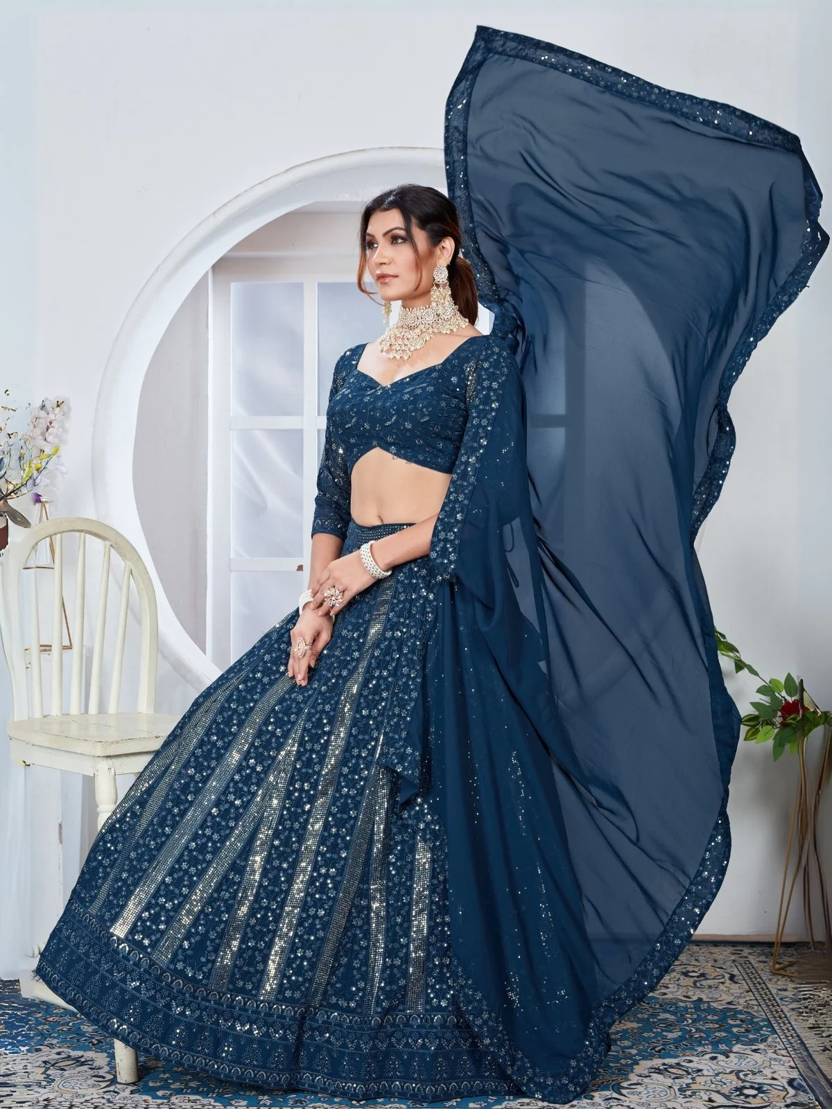 Odette Teal Blue Georgette Embroidered Semi-Stitched Lehenga For Women - Image 6