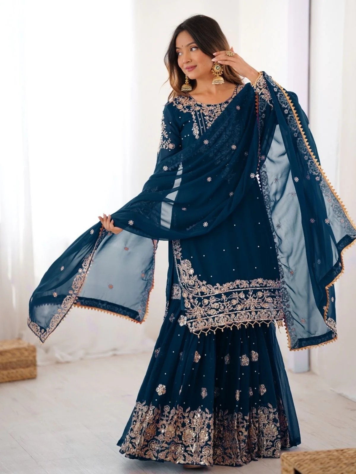 Odette Teal Blue Georgette Embroidered Stitched Kurta Set For Women