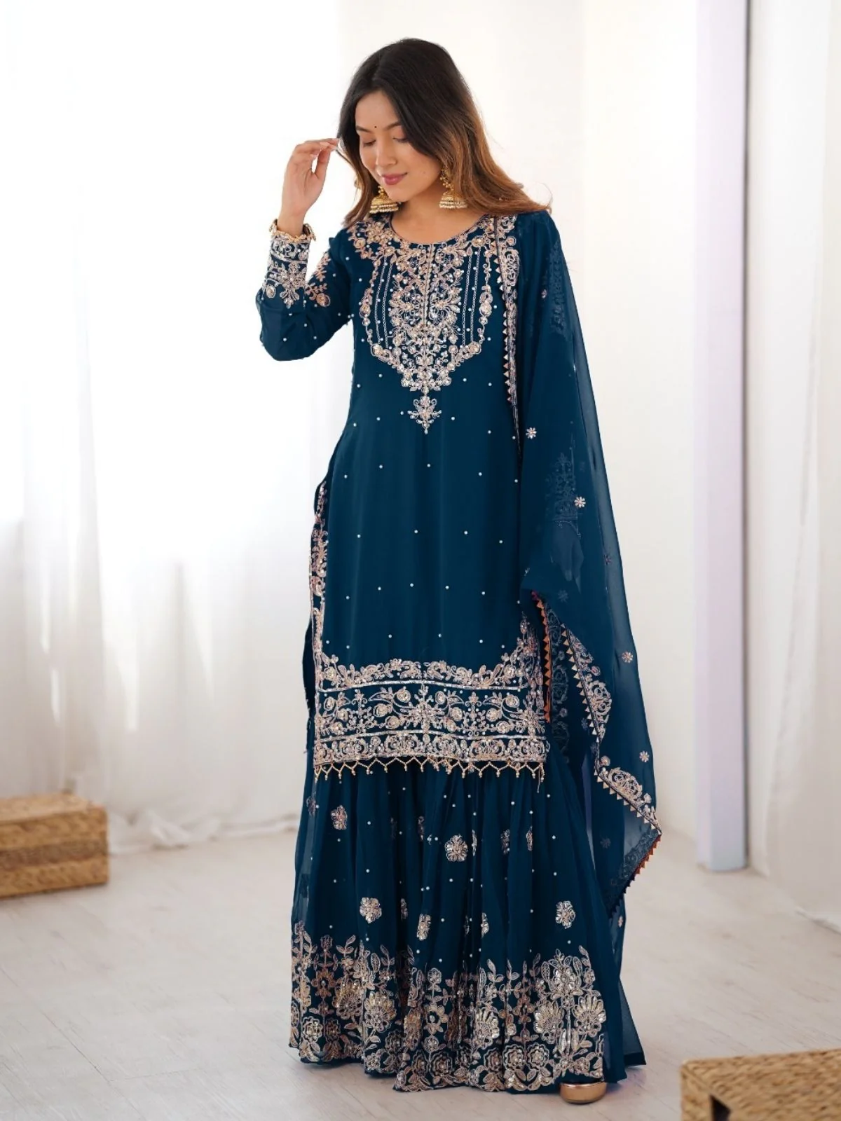 Odette Teal Blue Georgette Embroidered Stitched Kurta Set For Women - Image 3