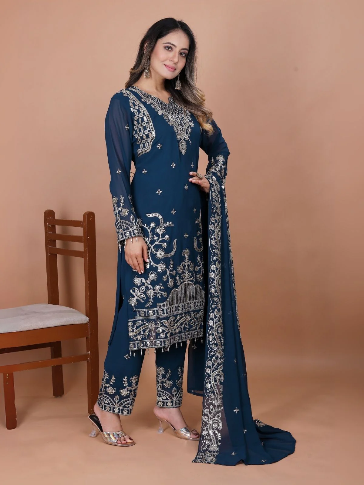 Odette Teal Blue Georgette Embroidered Stitched Kurta Set For Women - Image 2
