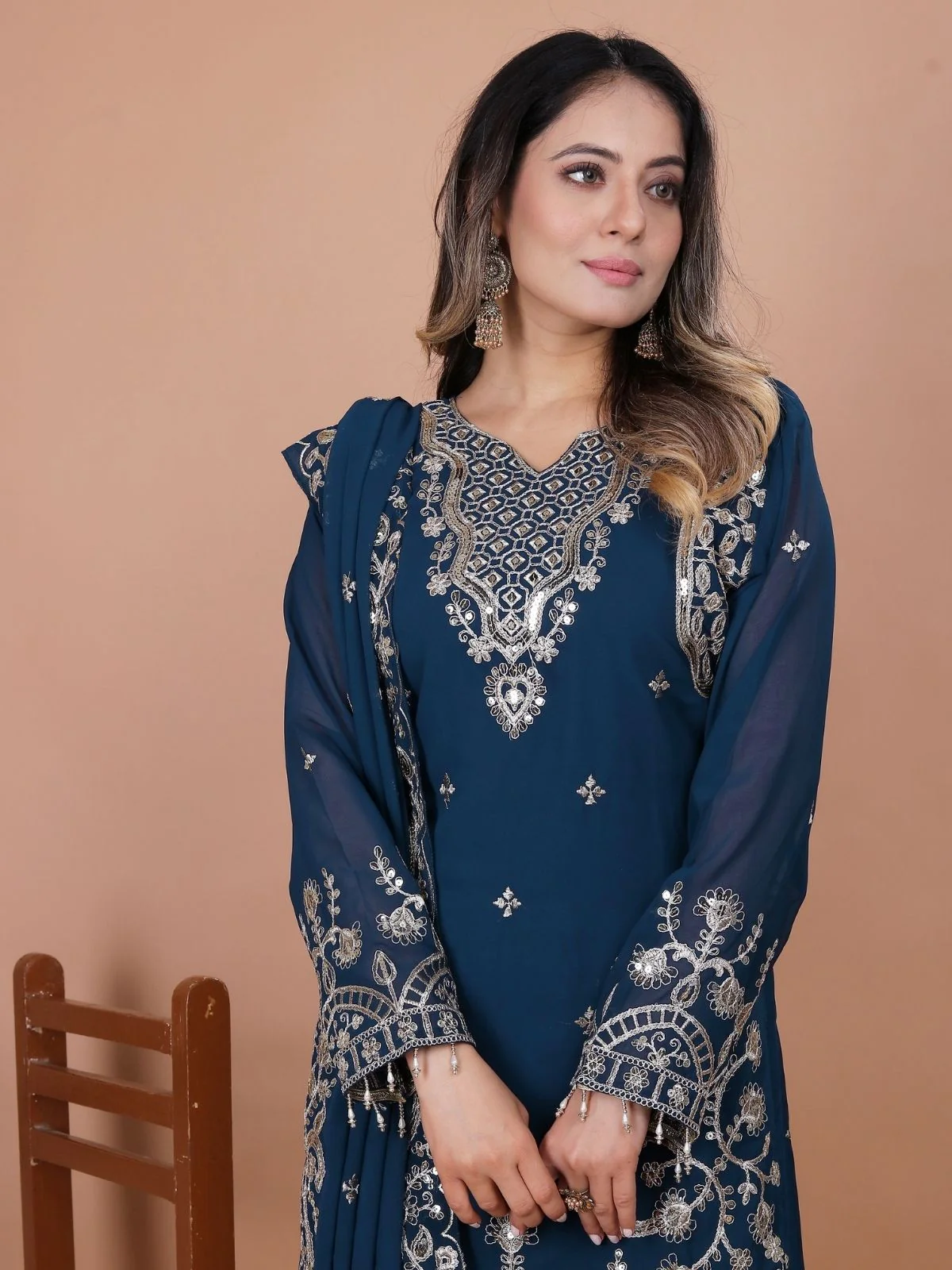 Odette Teal Blue Georgette Embroidered Stitched Kurta Set For Women - Image 3