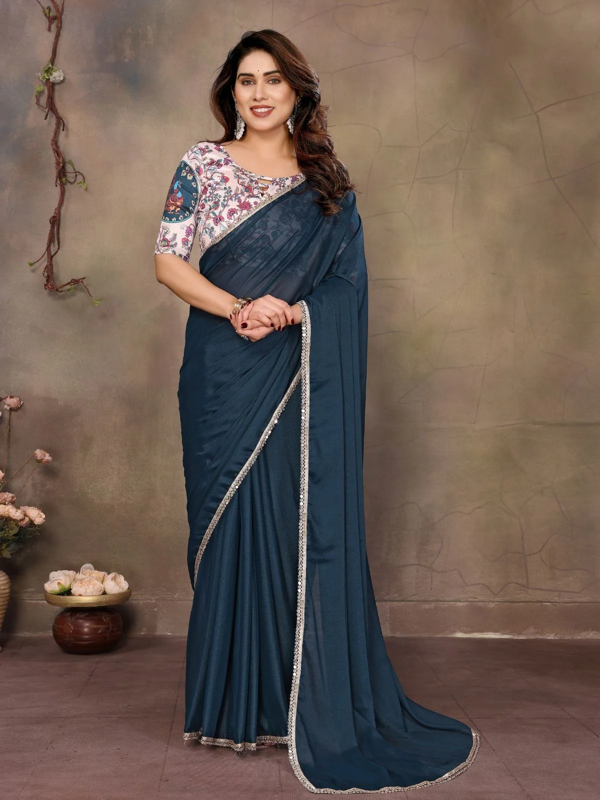 Odette Teal Blue Georgette Plain Saree With Unstitched Blouse For Women