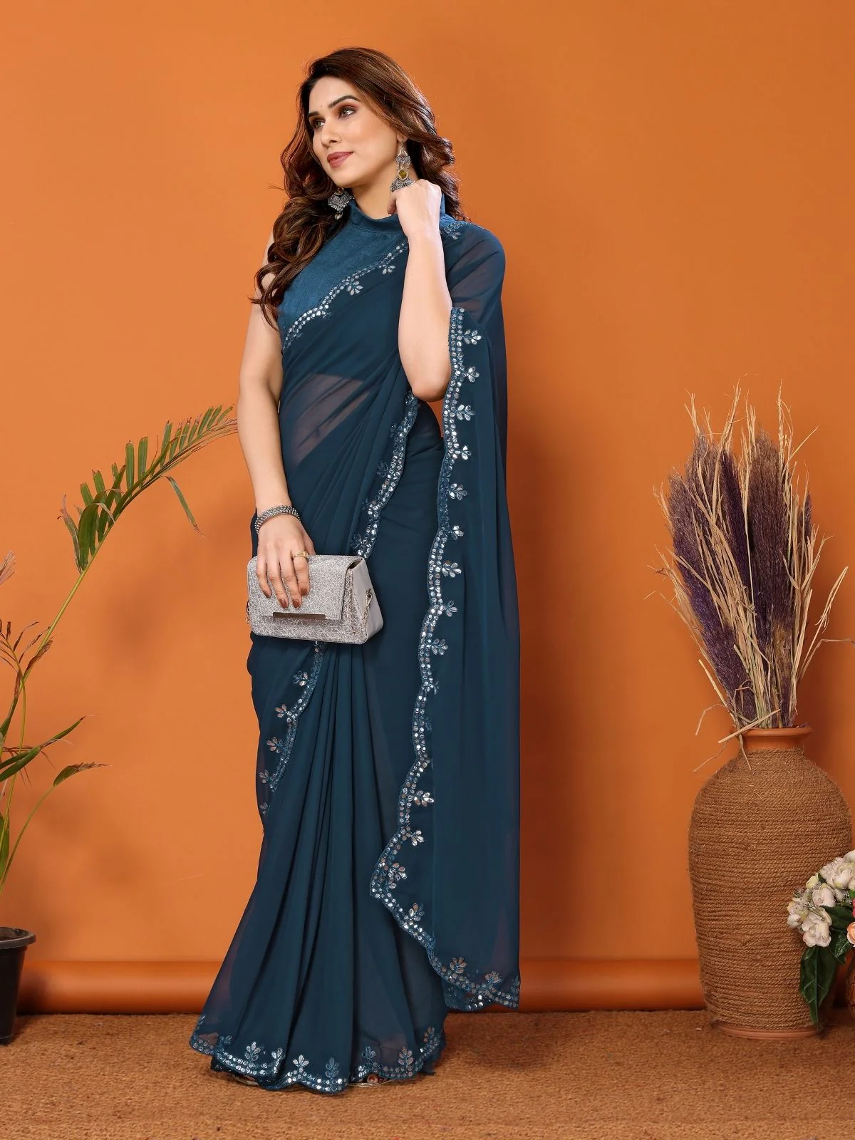 Odette Teal Blue Georgette Printed Saree For Women