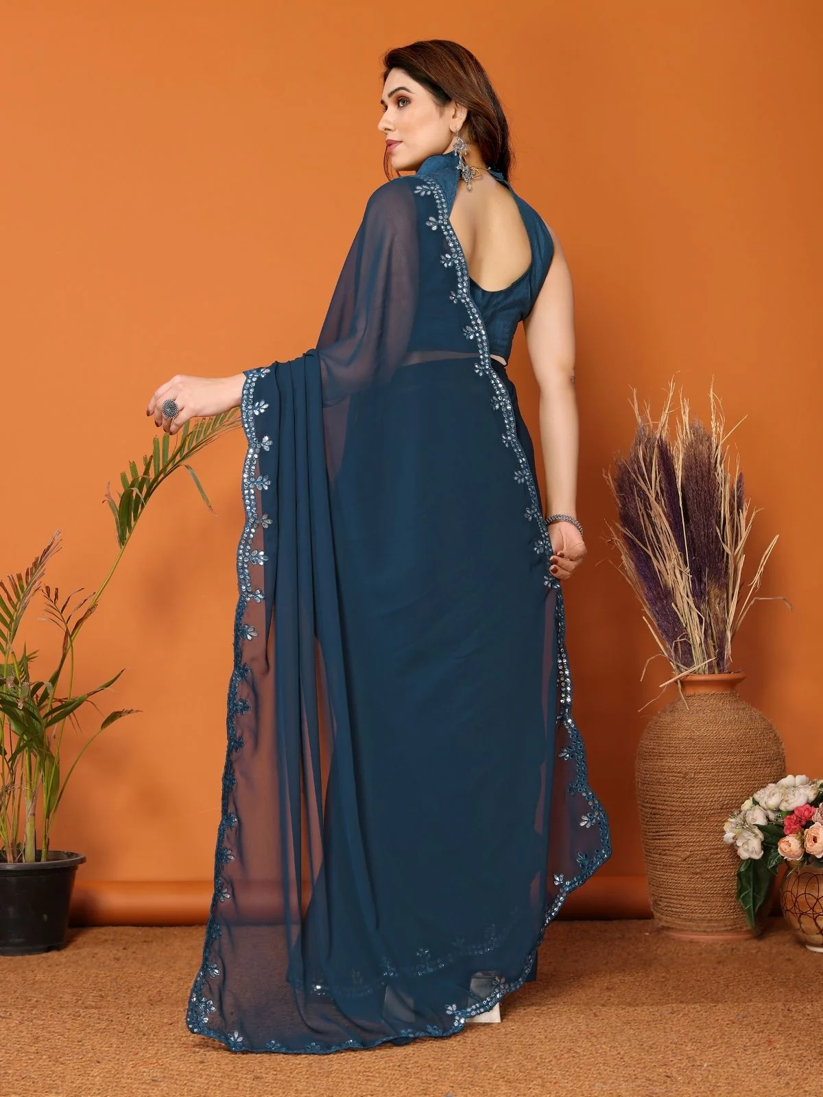 Odette Teal Blue Georgette Printed Saree For Women - Image 3