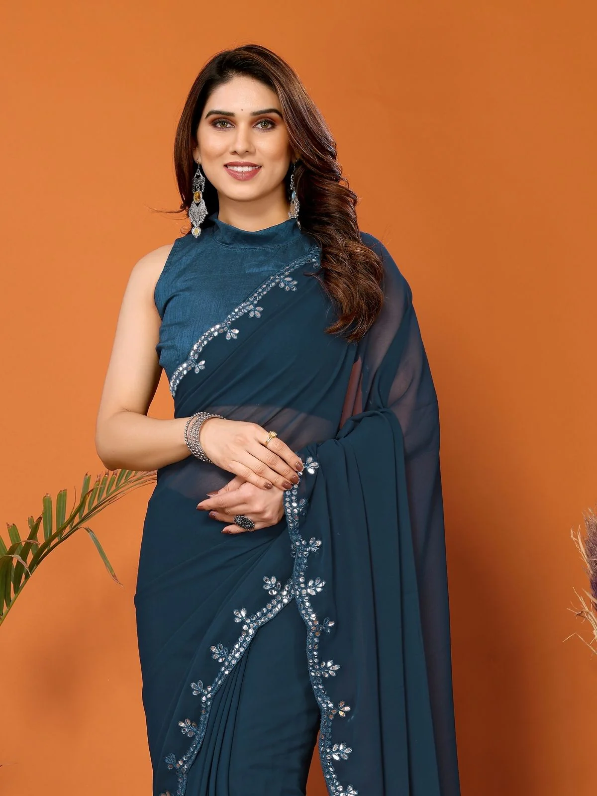 Odette Teal Blue Georgette Printed Saree For Women - Image 4