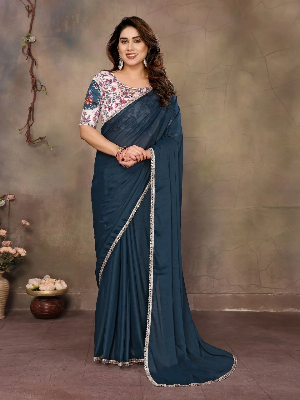 Odette Teal Blue Georgette Solid Saree For Women